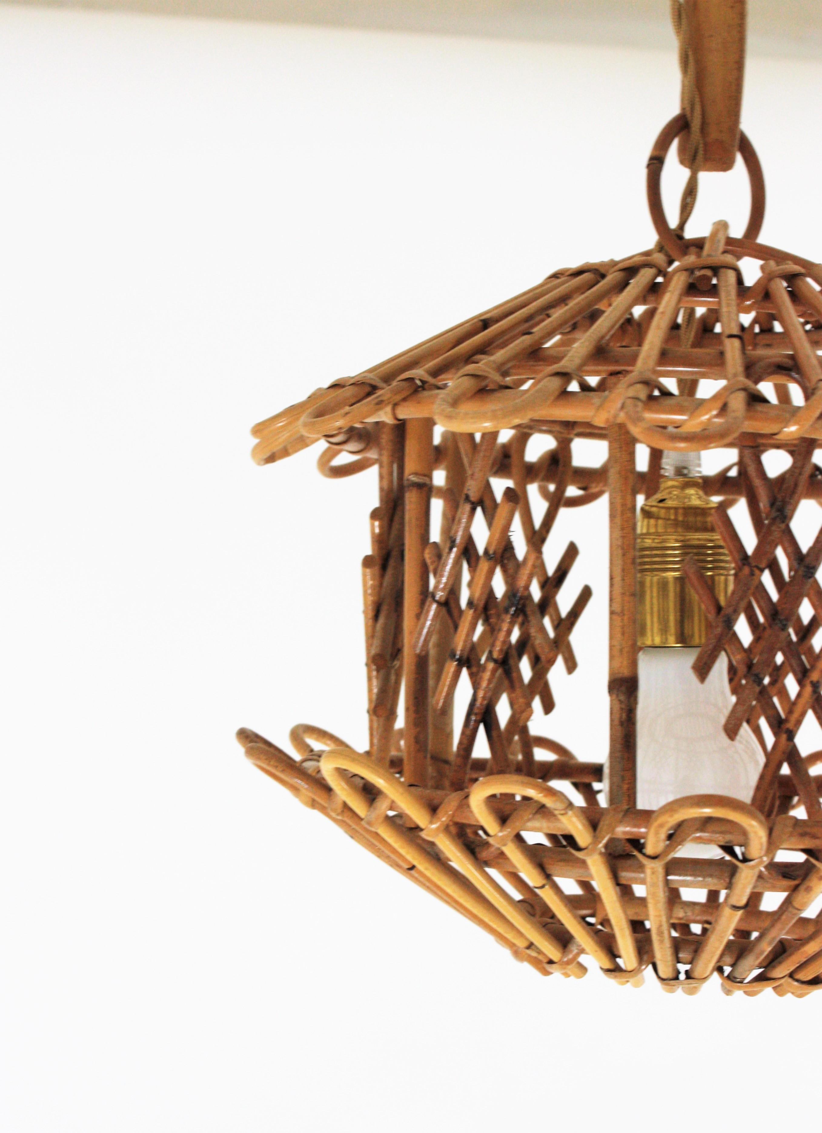 French Modernist Rattan Pendant Lantern / Hanging Light with Chinoiserie Accents 3