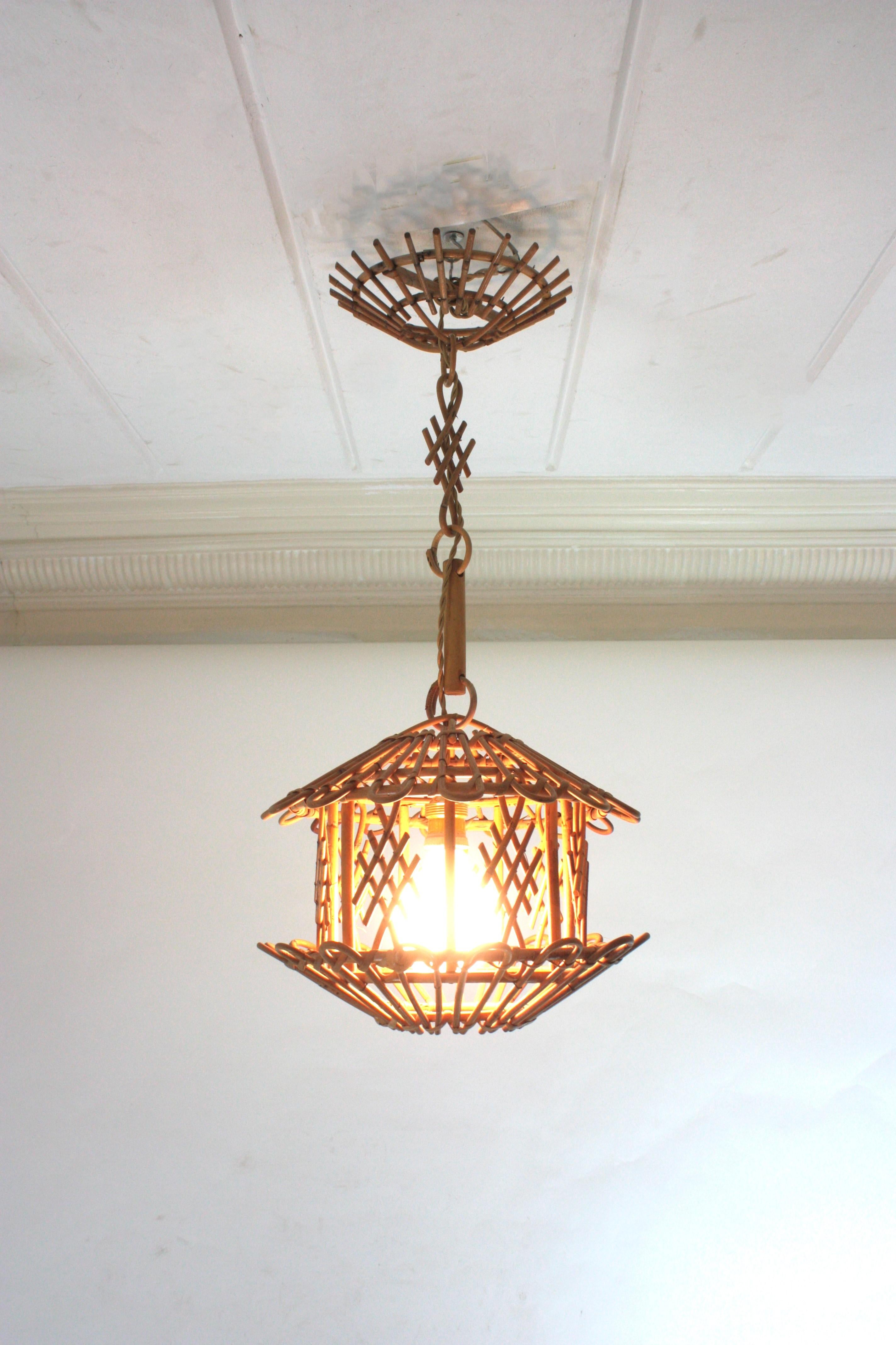 French Modernist Rattan Pendant Lantern / Hanging Light with Chinoiserie Accents For Sale 3