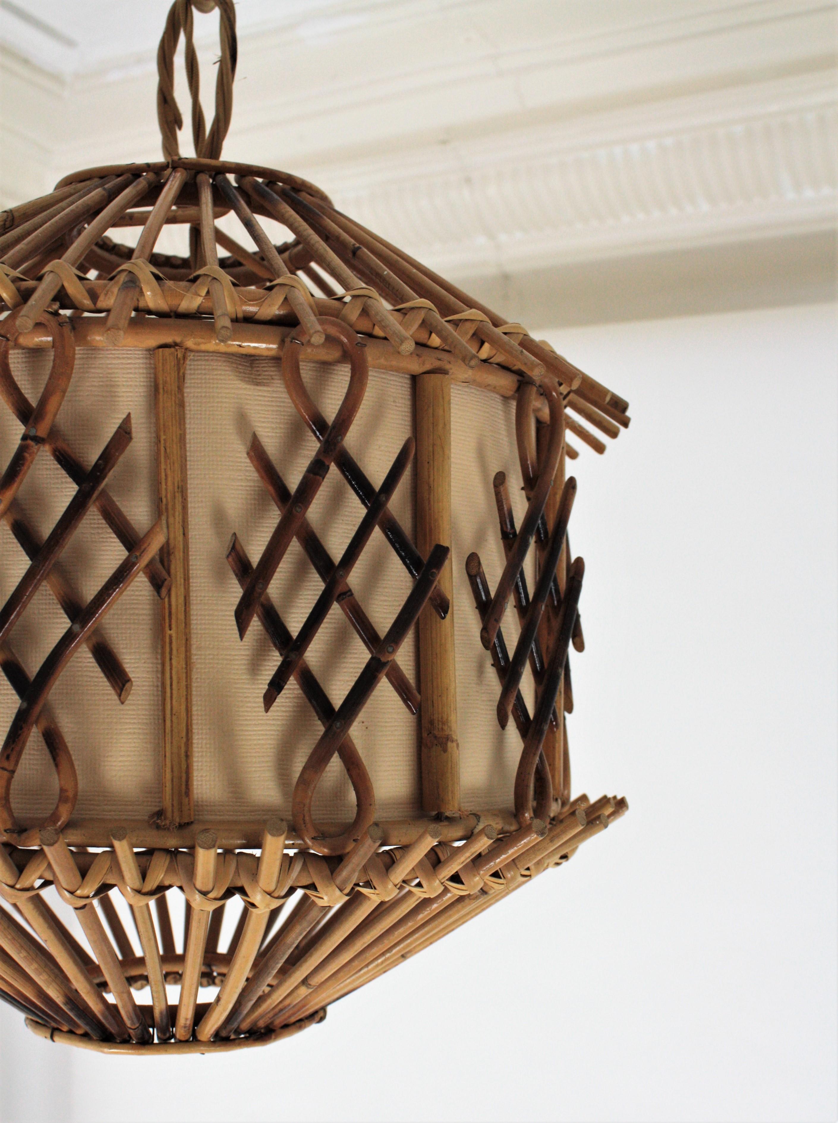 French Modernist Rattan Pendant Lantern / Hanging Light with Chinoiserie Accents 3