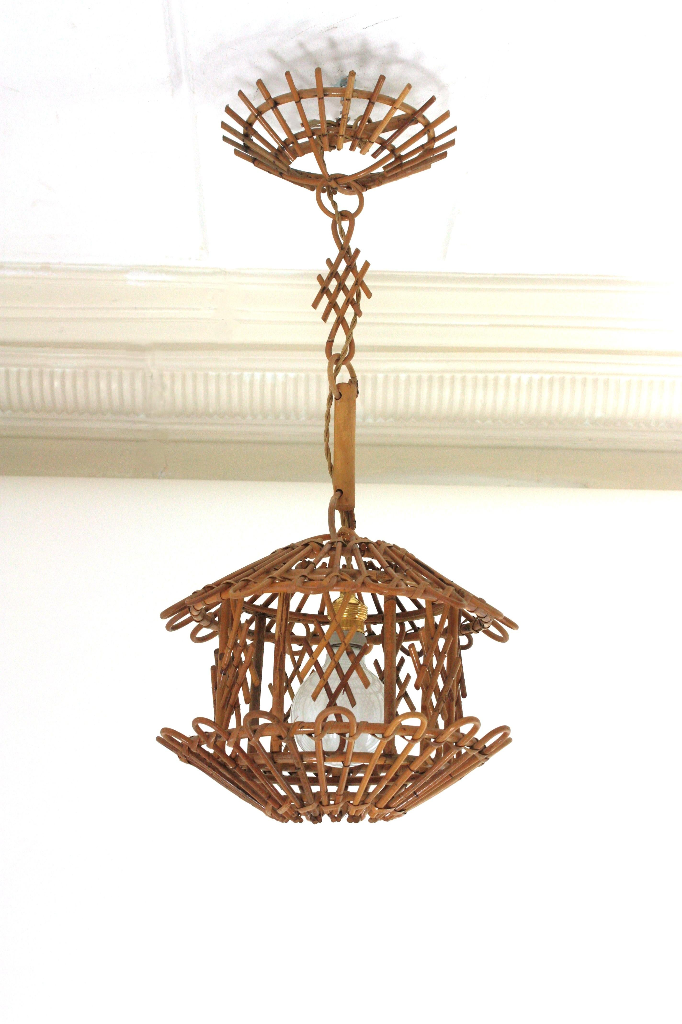 French Modernist Rattan Pendant Lantern / Hanging Light with Chinoiserie Accents For Sale 4