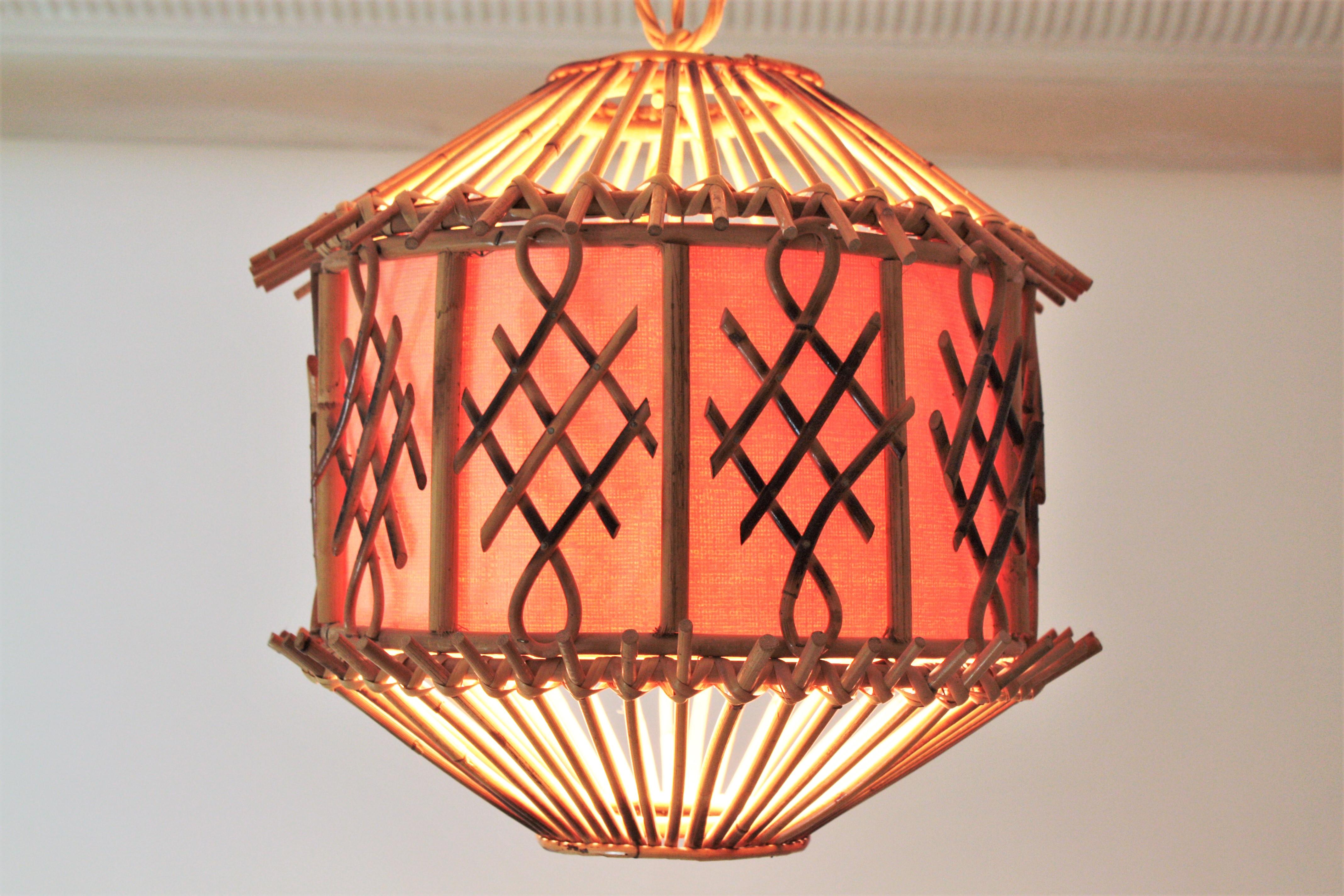 French Modernist Rattan Pendant Lantern / Hanging Light with Chinoiserie Accents 4