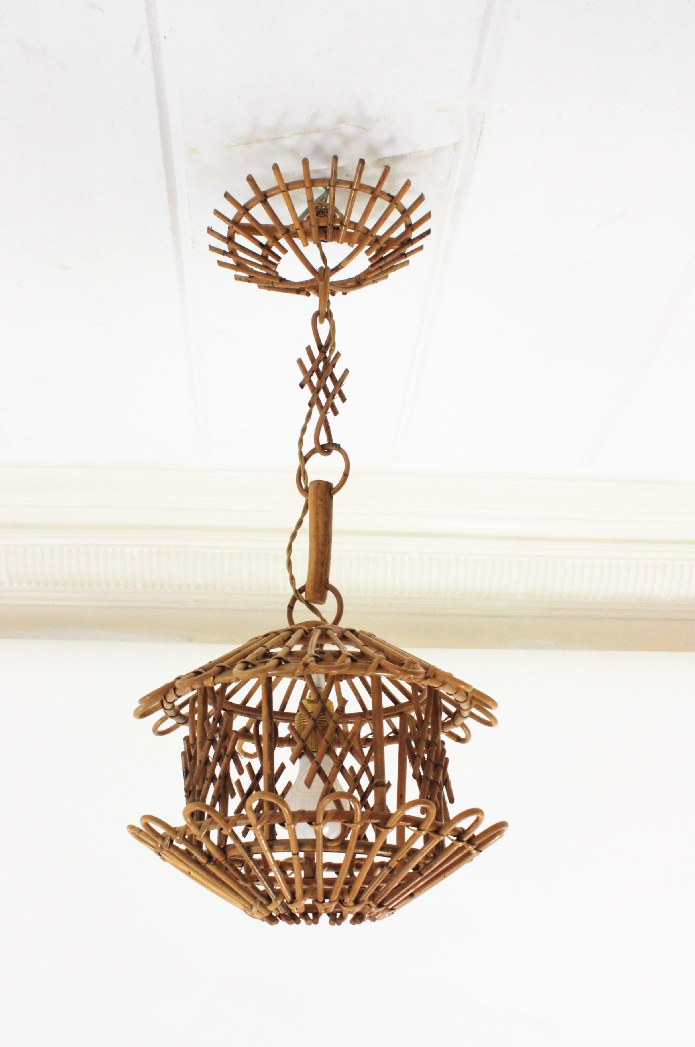 French Modernist Rattan Pendant Lantern / Hanging Light with Chinoiserie Accents 5