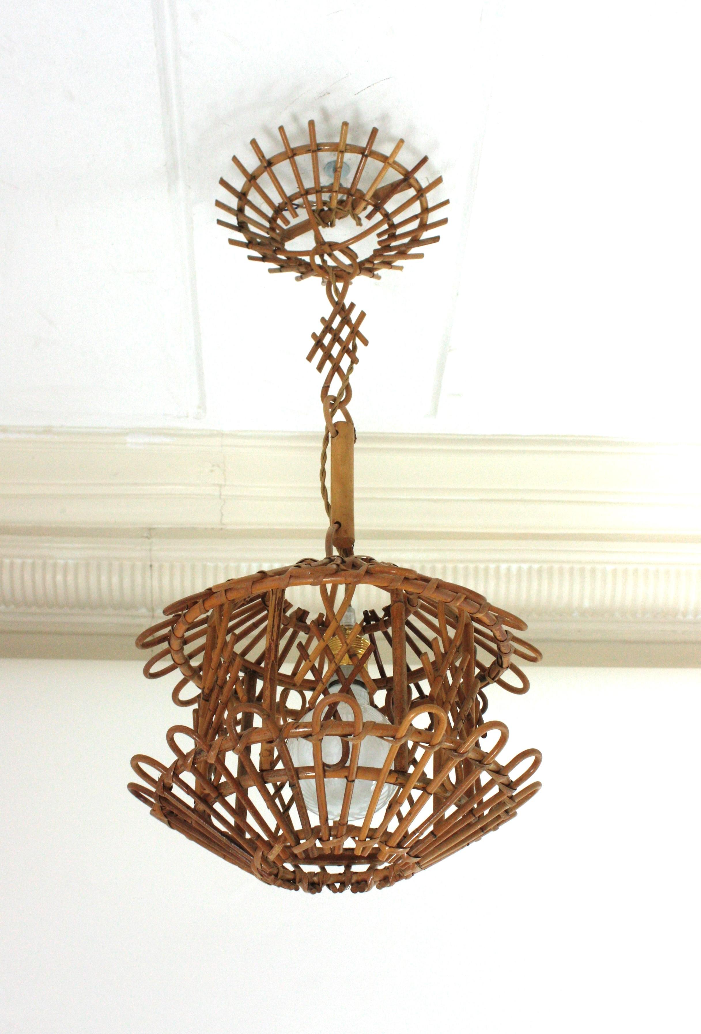 French Modernist Rattan Pendant Lantern / Hanging Light with Chinoiserie Accents For Sale 5