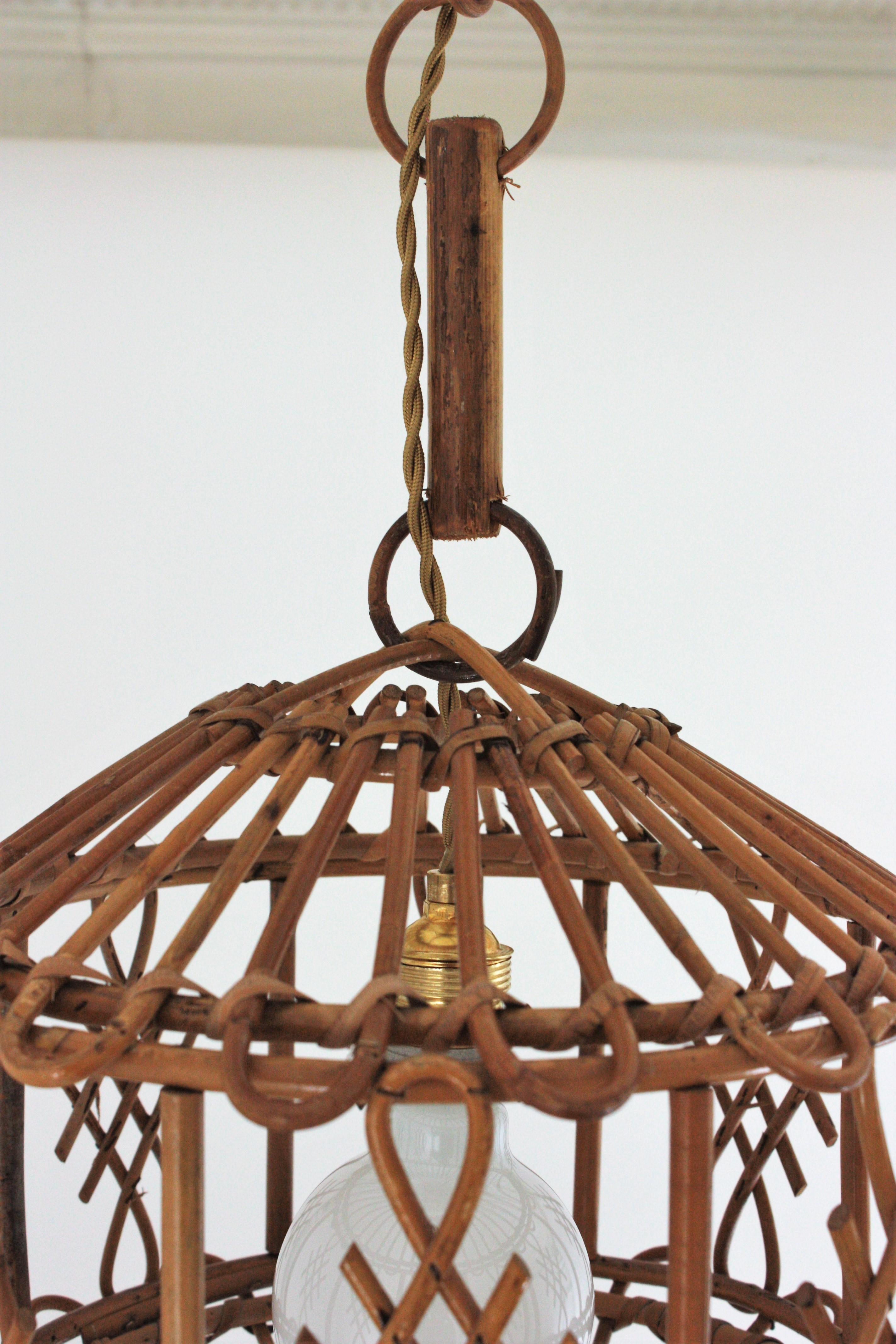 French Modernist Rattan Pendant Lantern / Hanging Light with Chinoiserie Accents 6