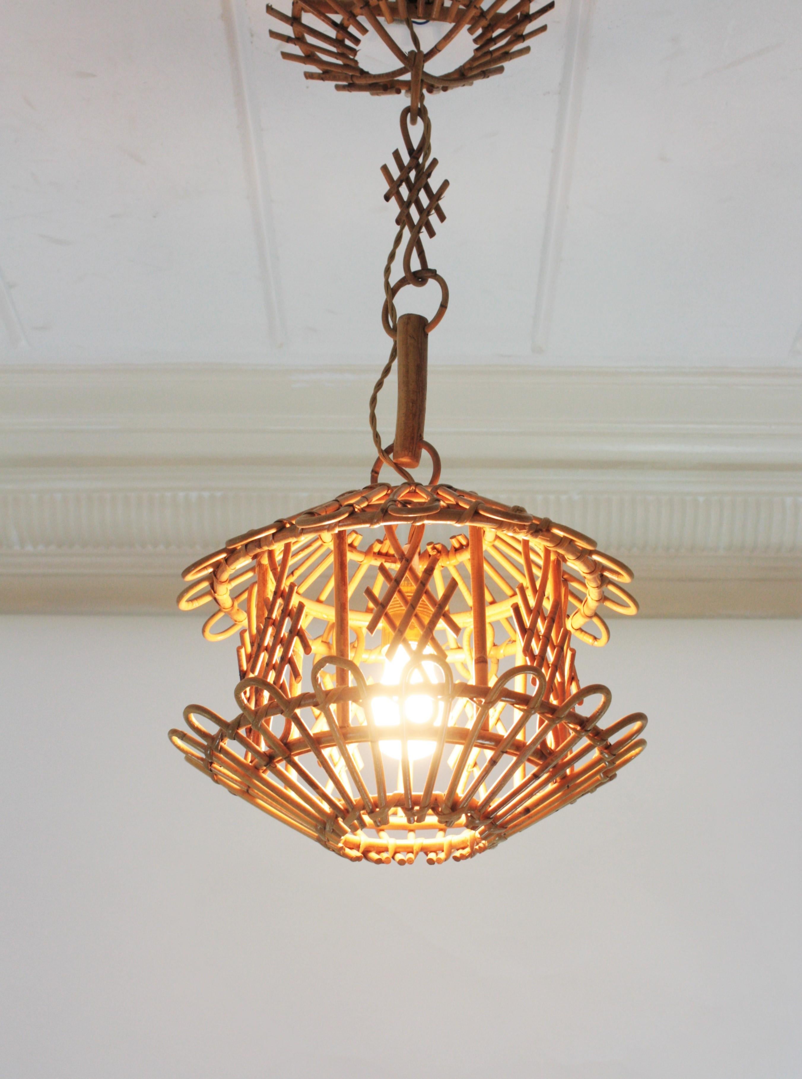French Modernist Rattan Pendant Lantern / Hanging Light with Chinoiserie Accents 7