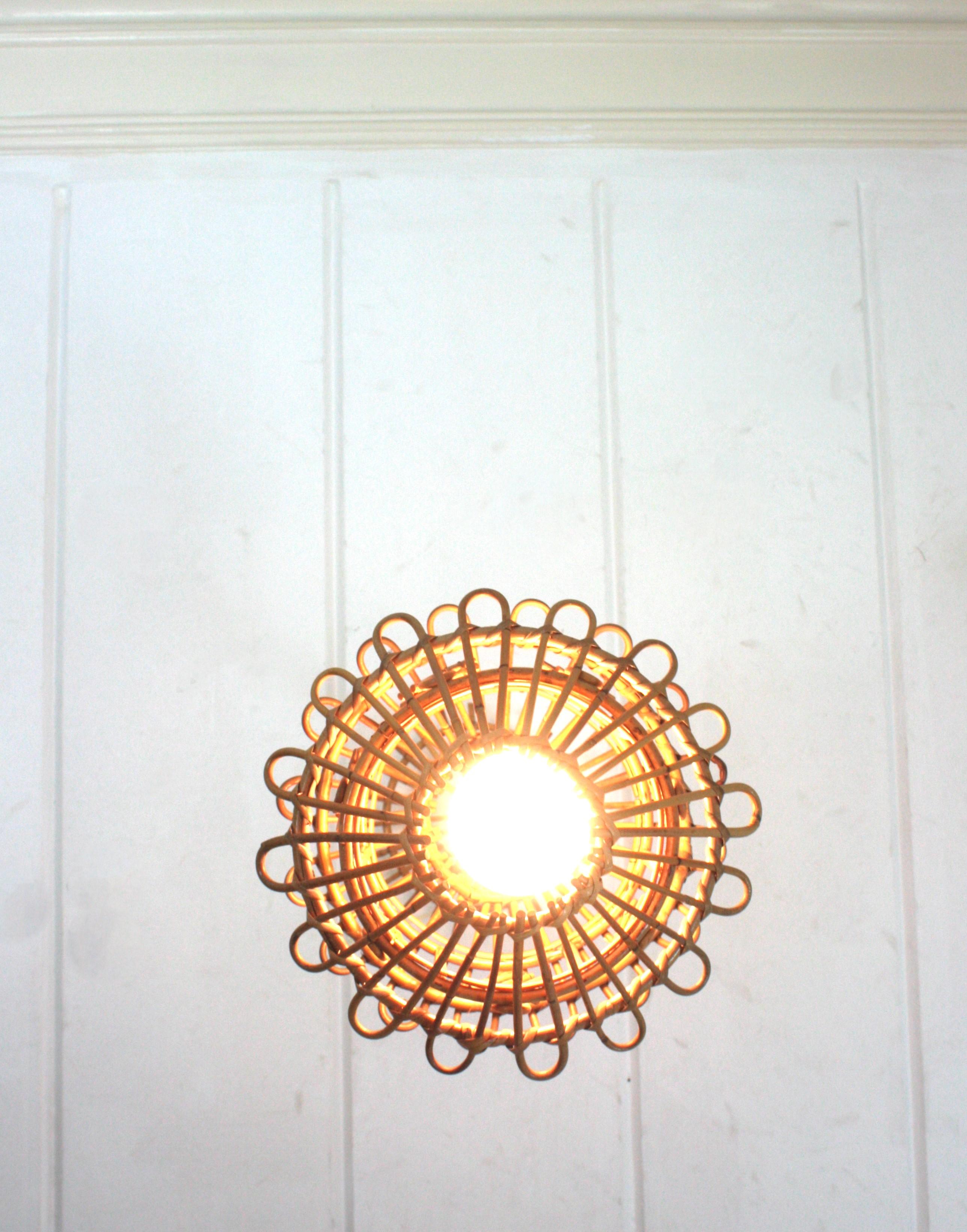 French Modernist Rattan Pendant Lantern / Hanging Light with Chinoiserie Accents For Sale 7