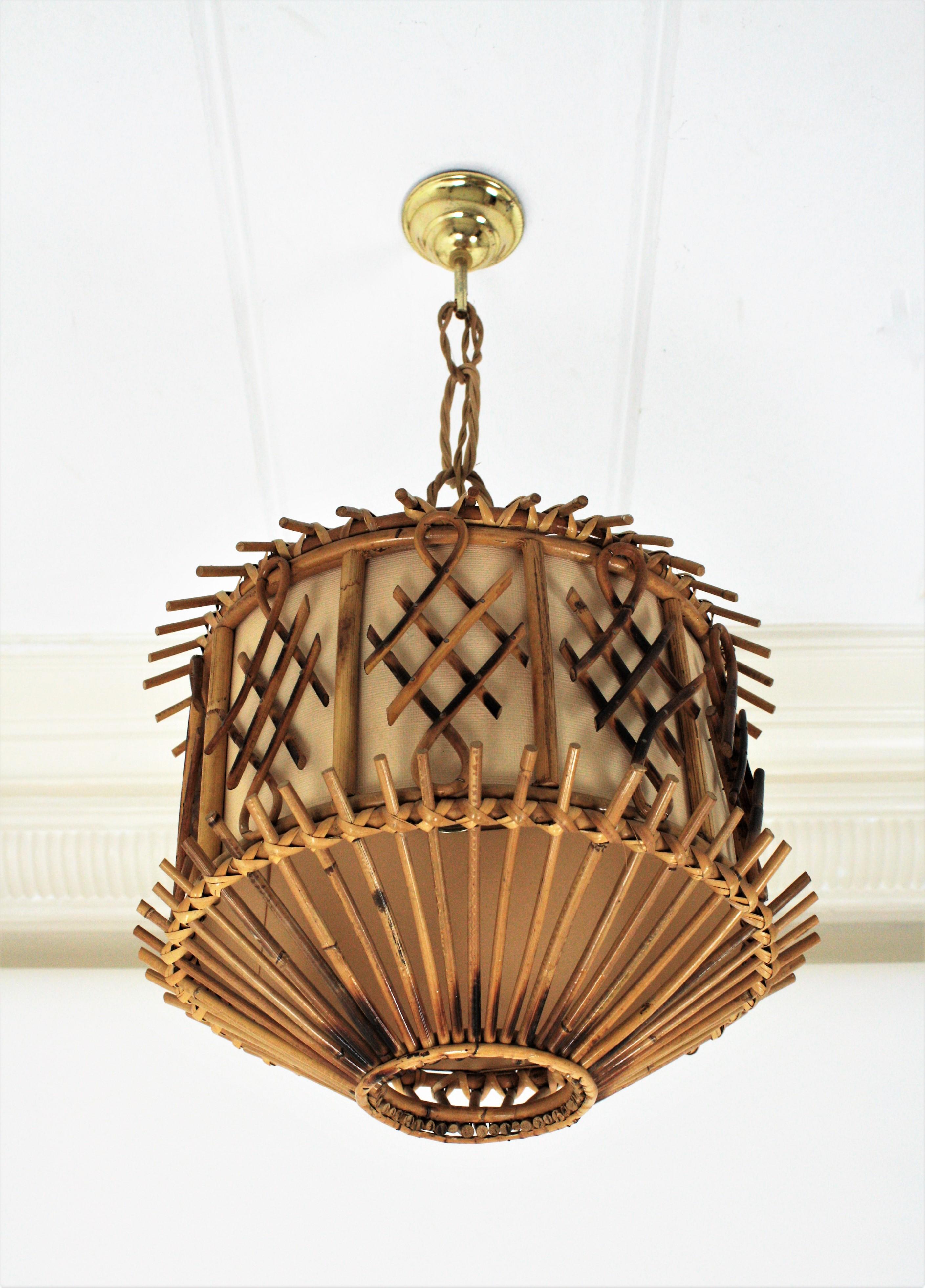 French Modernist Rattan Pendant Lantern / Hanging Light with Chinoiserie Accents 7