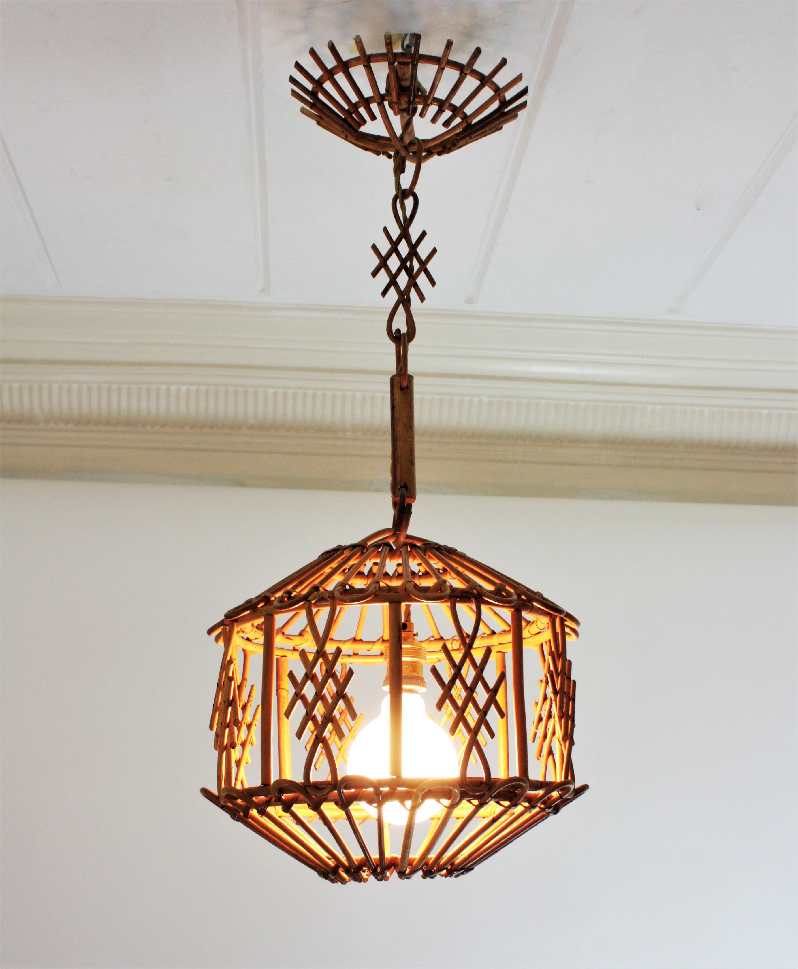 French Modernist Rattan Pendant Lantern / Hanging Light with Chinoiserie Accents 8