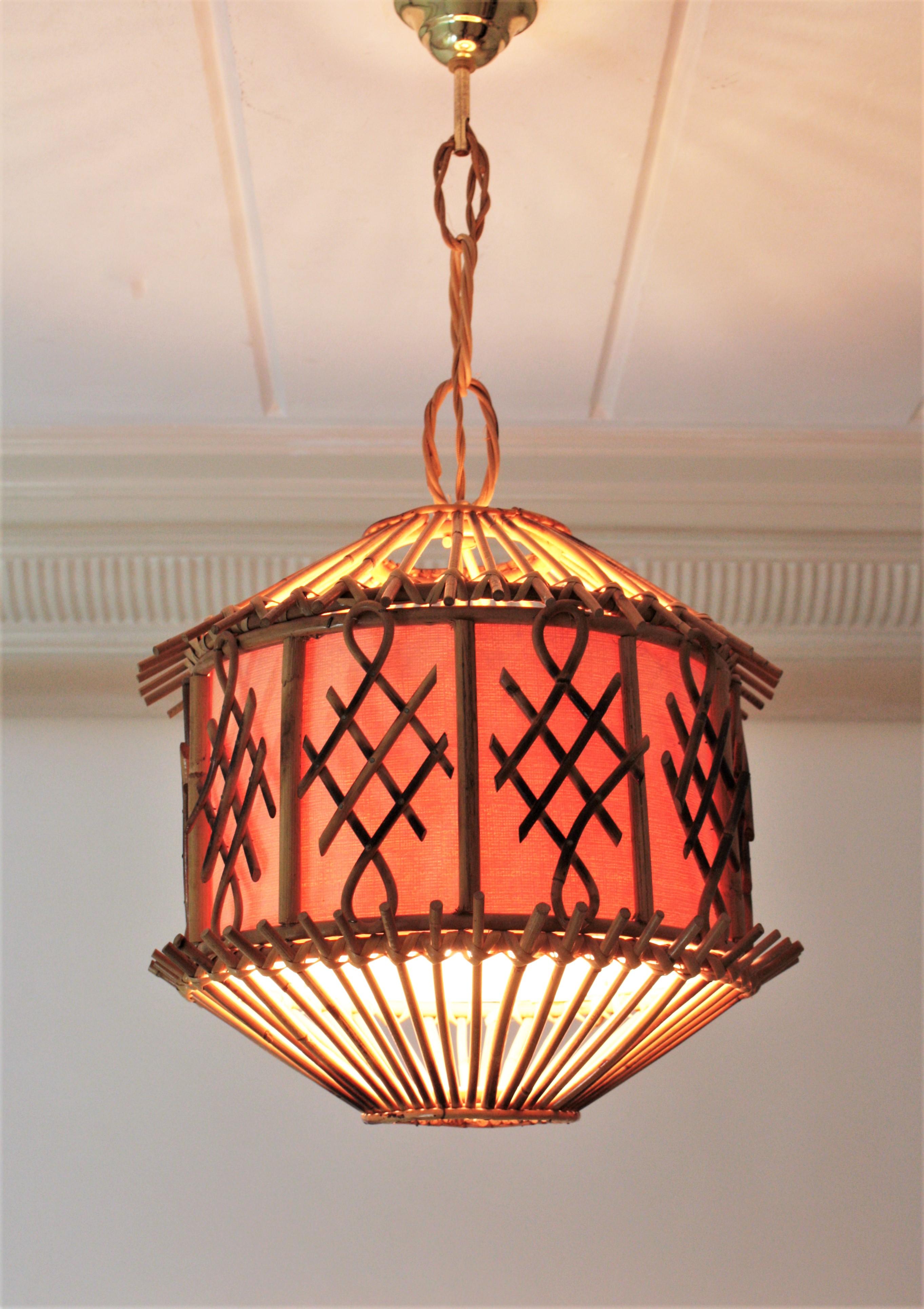 French Modernist Rattan Pendant Lantern / Hanging Light with Chinoiserie Accents 8