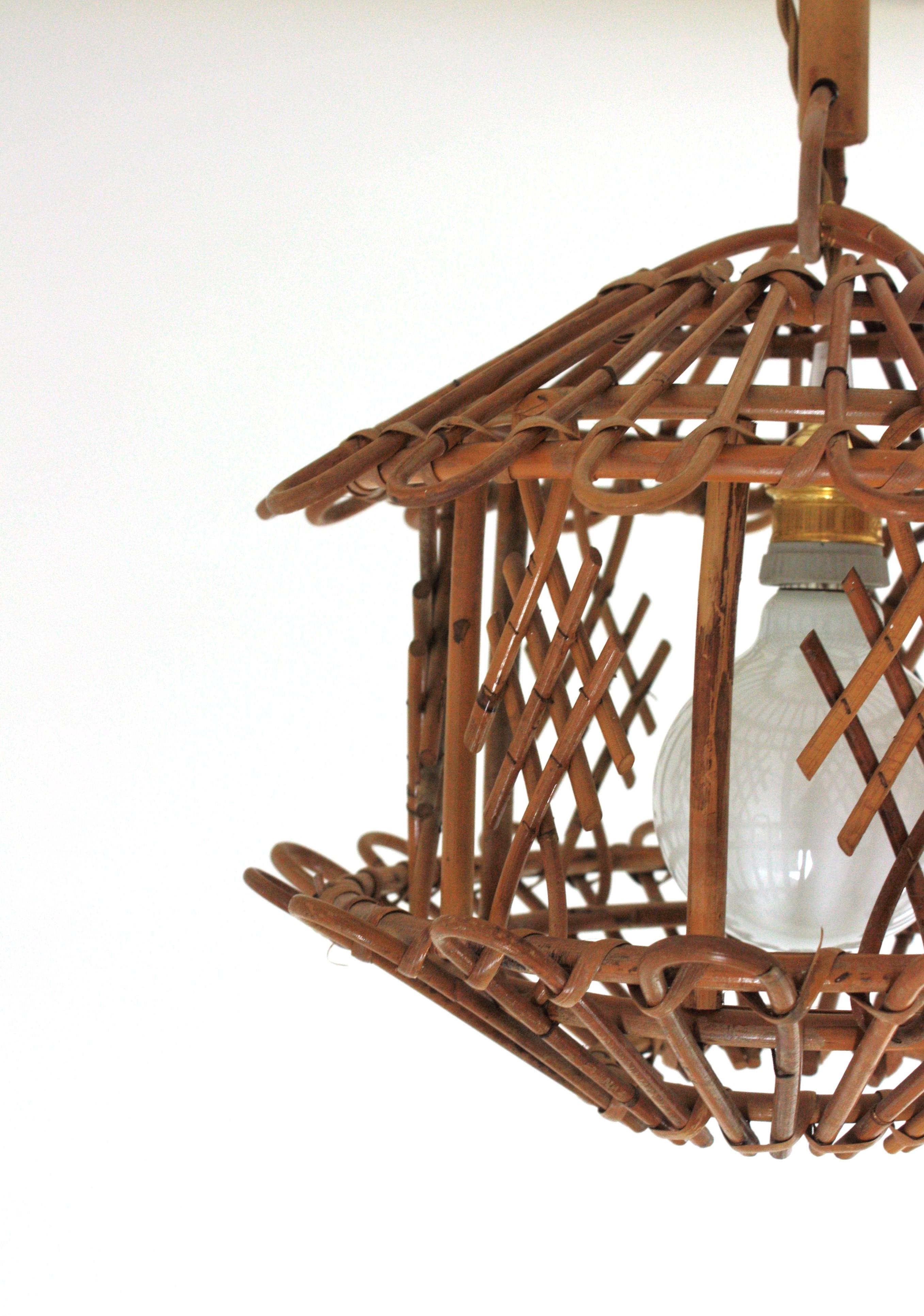 French Modernist Rattan Pendant Lantern / Hanging Light with Chinoiserie Accents For Sale 9