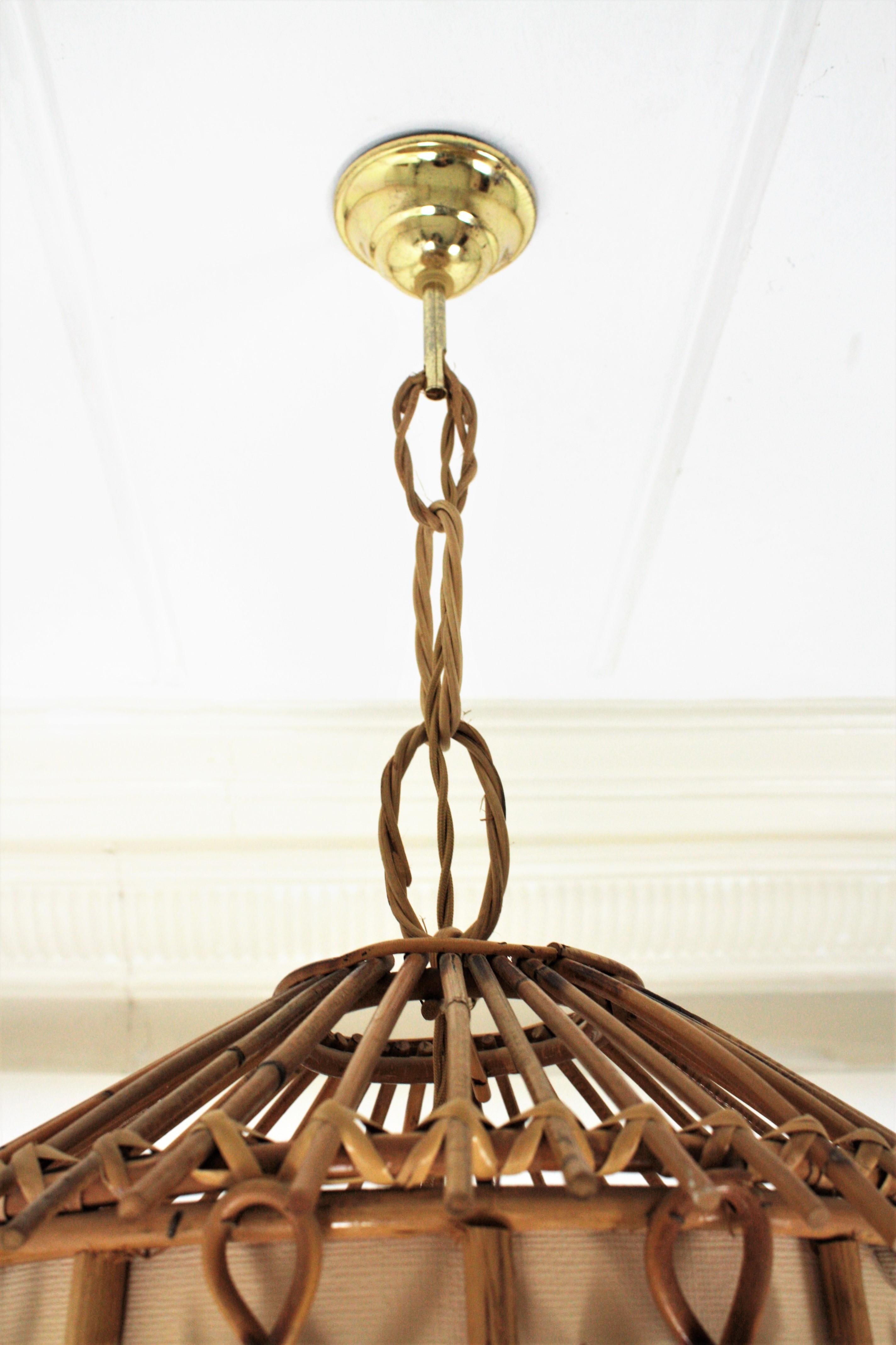 French Modernist Rattan Pendant Lantern / Hanging Light with Chinoiserie Accents 9