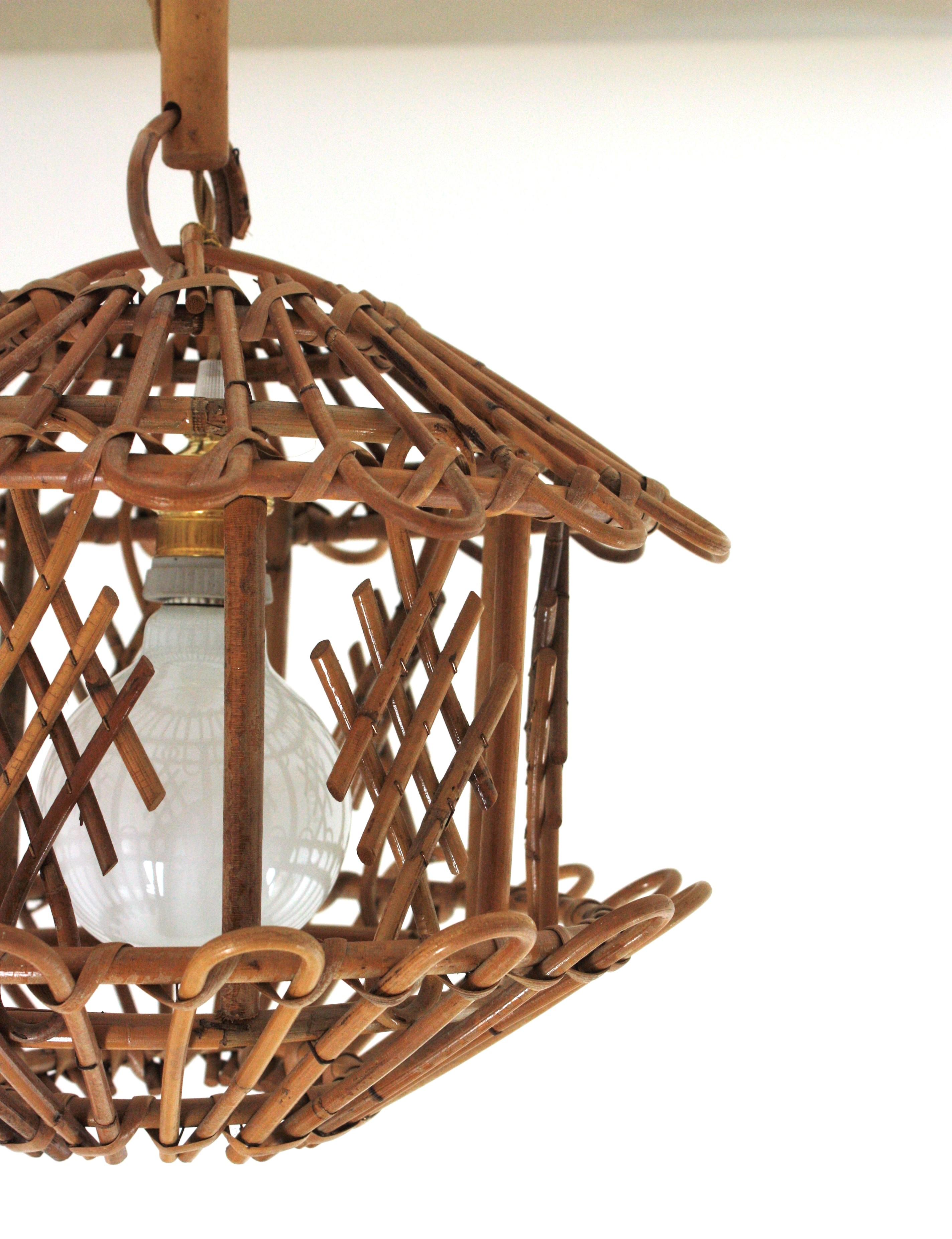 French Modernist Rattan Pendant Lantern / Hanging Light with Chinoiserie Accents For Sale 10