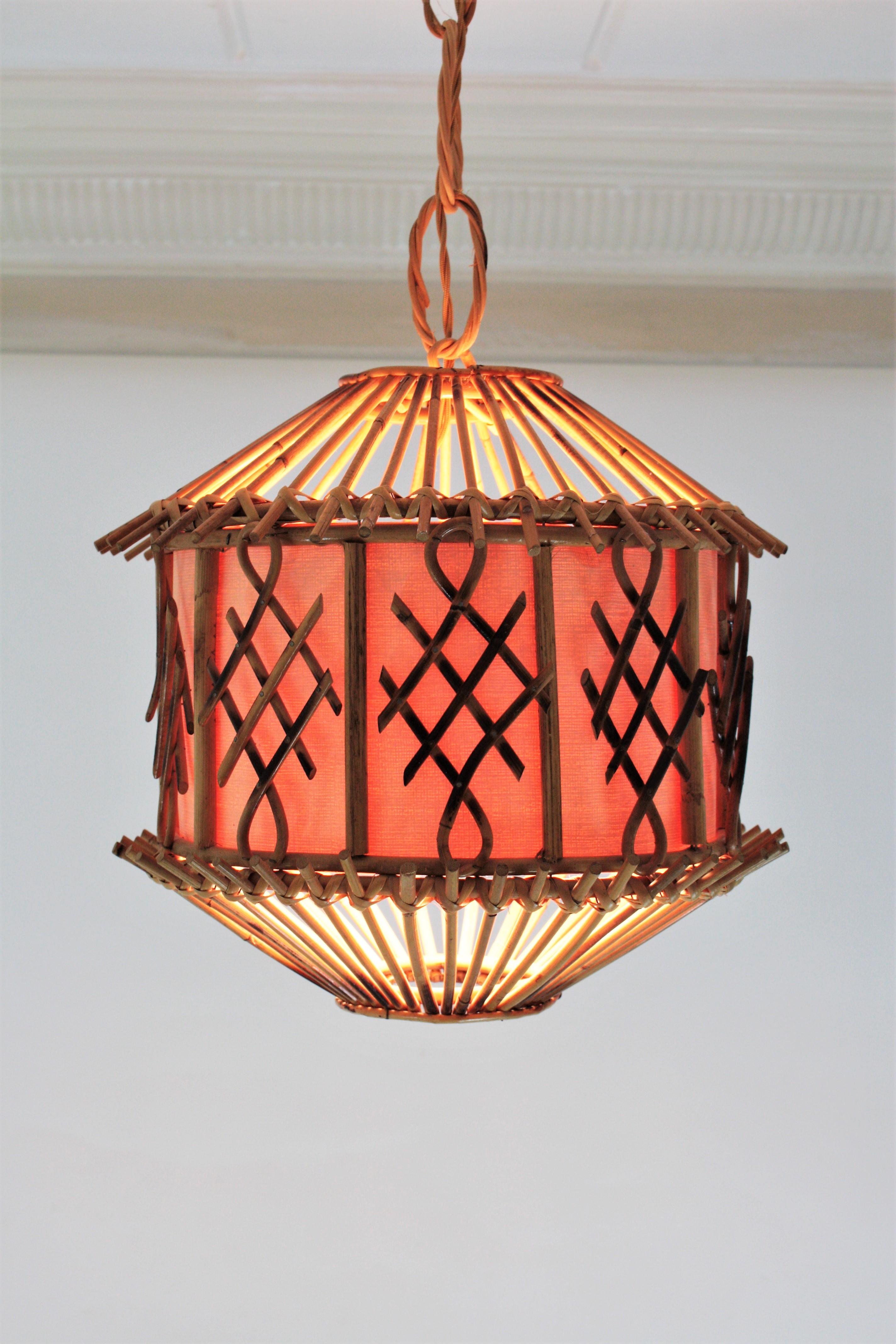 French Modernist Rattan Pendant Lantern / Hanging Light with Chinoiserie Accents 10