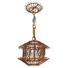 French Modernist Rattan Pendant Lantern / Hanging Light with Chinoiserie Accents