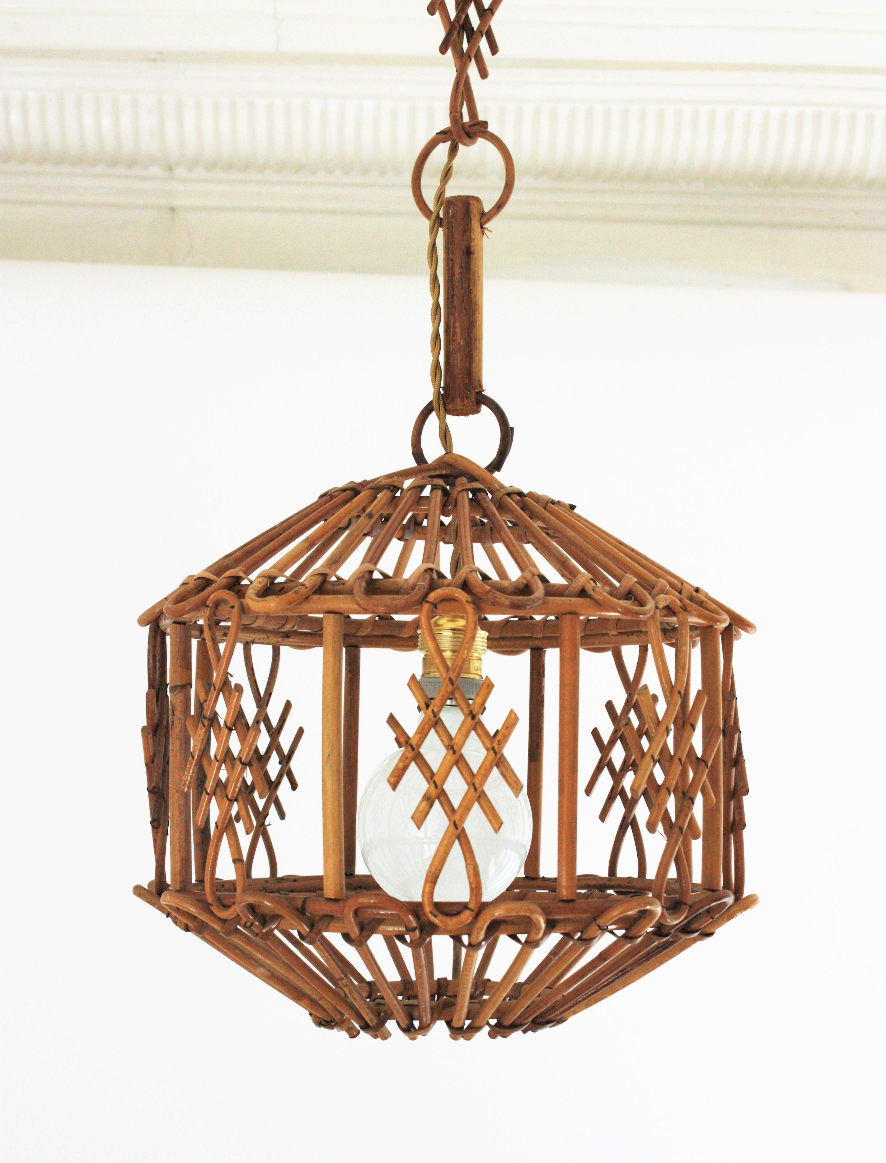 Mid-Century Modern French Modernist Rattan Pendant Lantern / Hanging Light with Chinoiserie Accents