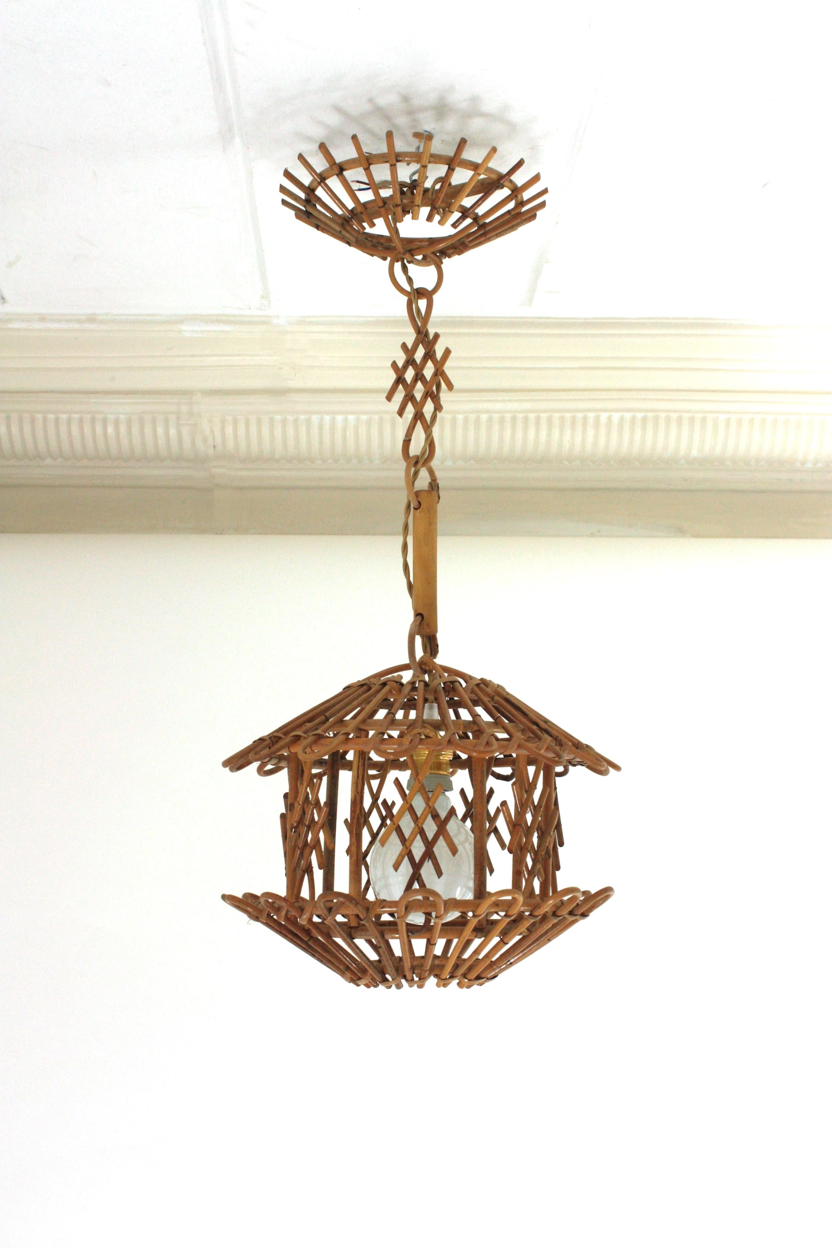 Mid-Century Modern French Modernist Rattan Pendant Lantern / Hanging Light with Chinoiserie Accents For Sale