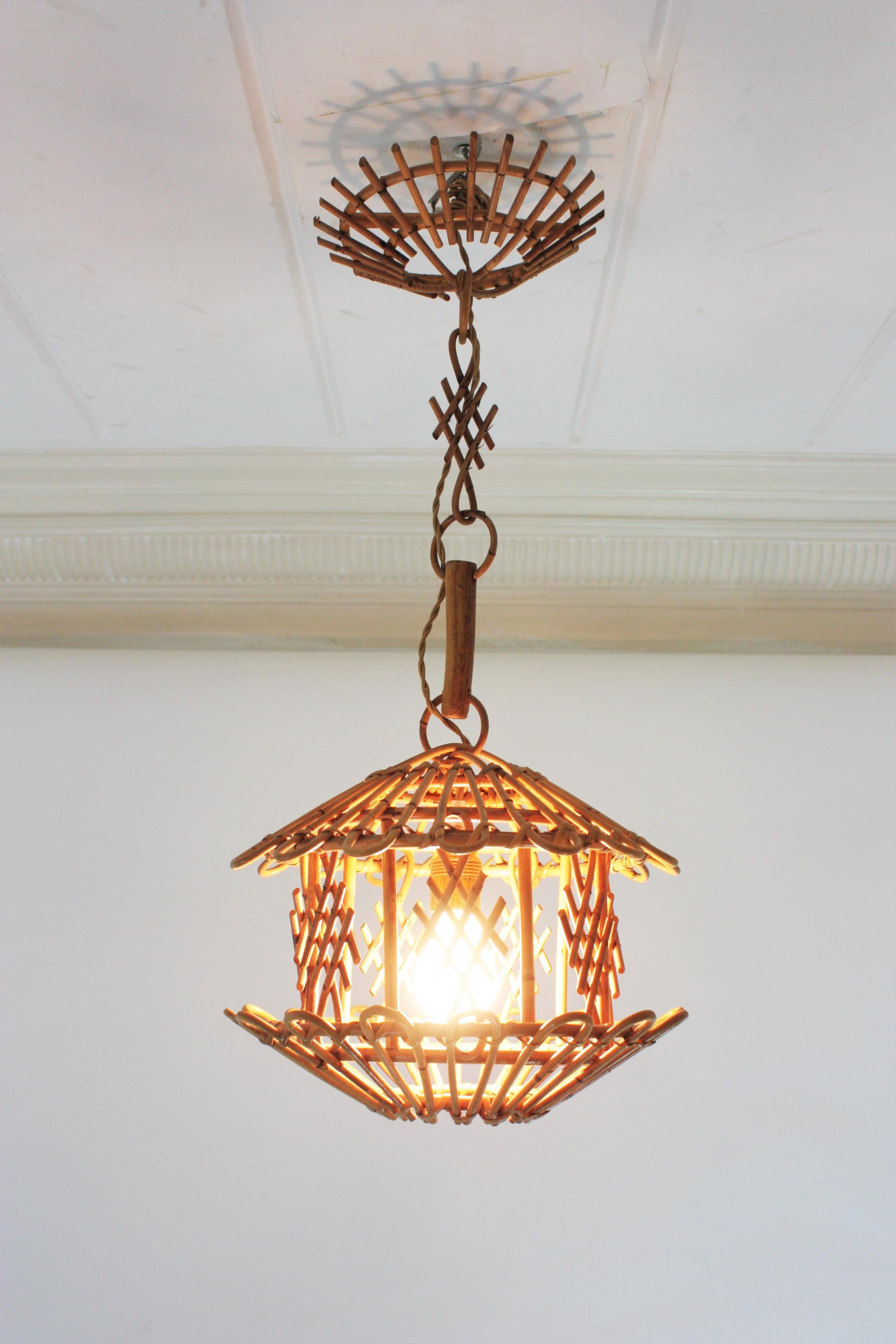 Hand-Crafted French Modernist Rattan Pendant Lantern / Hanging Light with Chinoiserie Accents