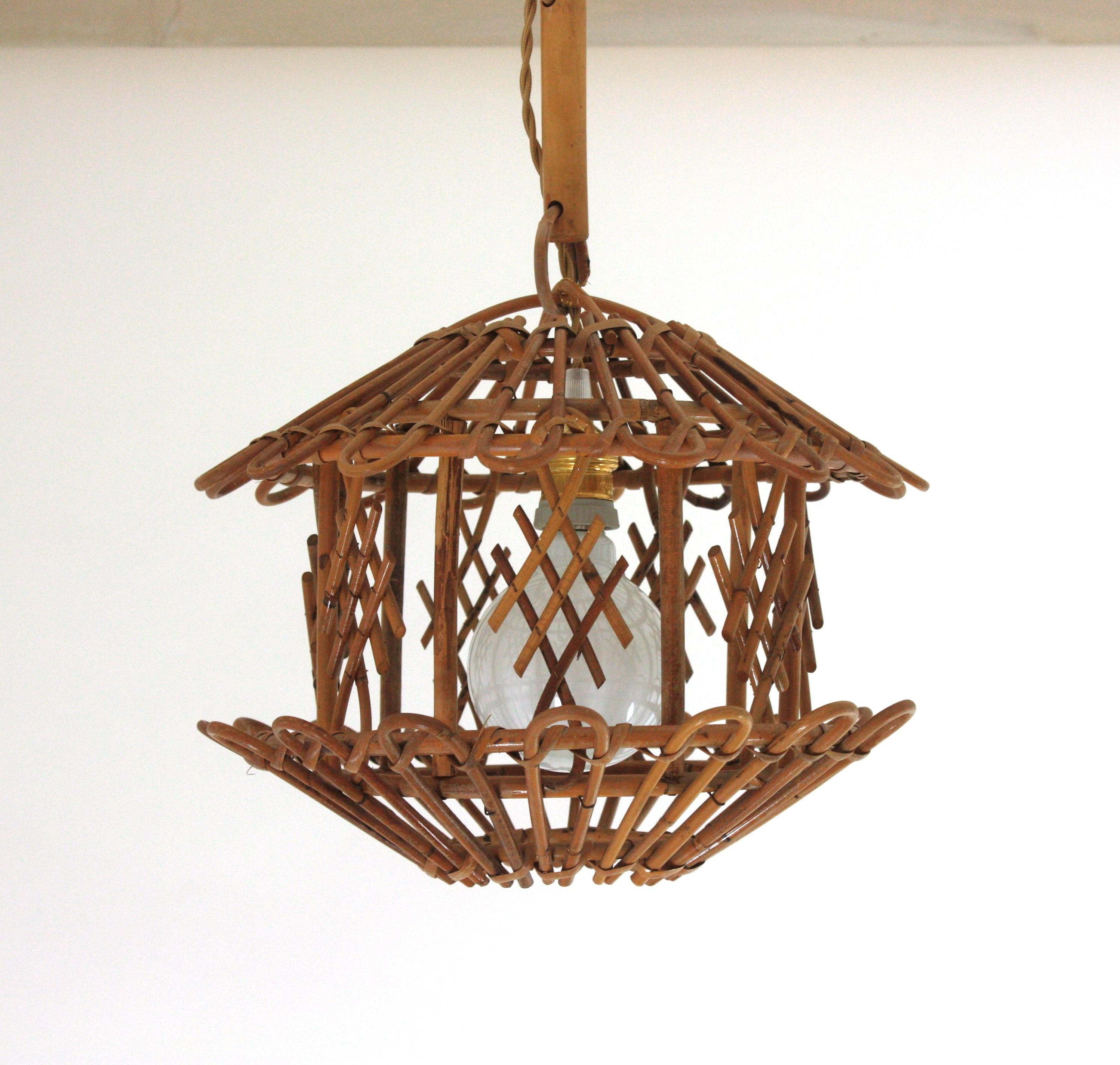 Hand-Crafted French Modernist Rattan Pendant Lantern / Hanging Light with Chinoiserie Accents For Sale