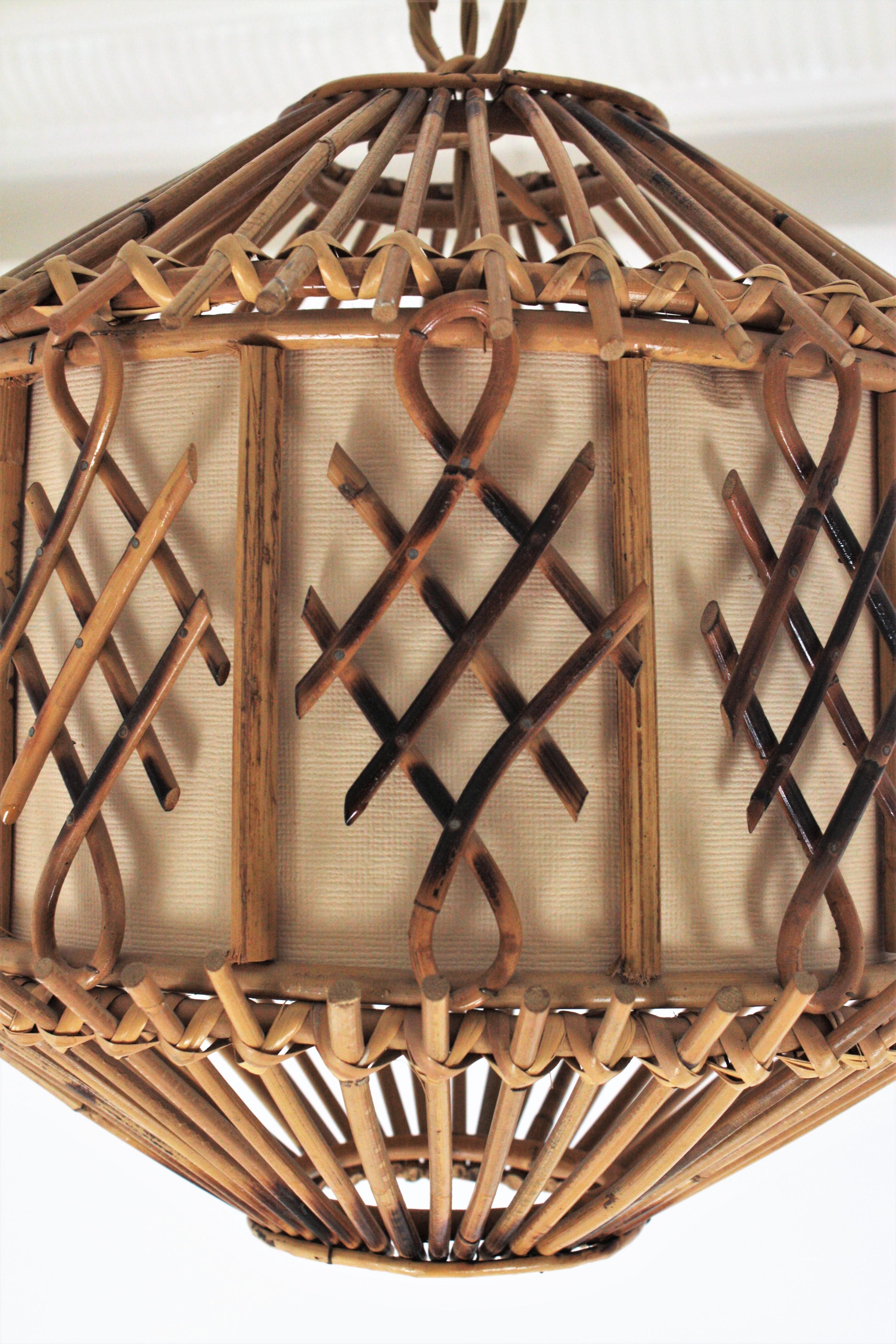 Hand-Crafted French Modernist Rattan Pendant Lantern / Hanging Light with Chinoiserie Accents