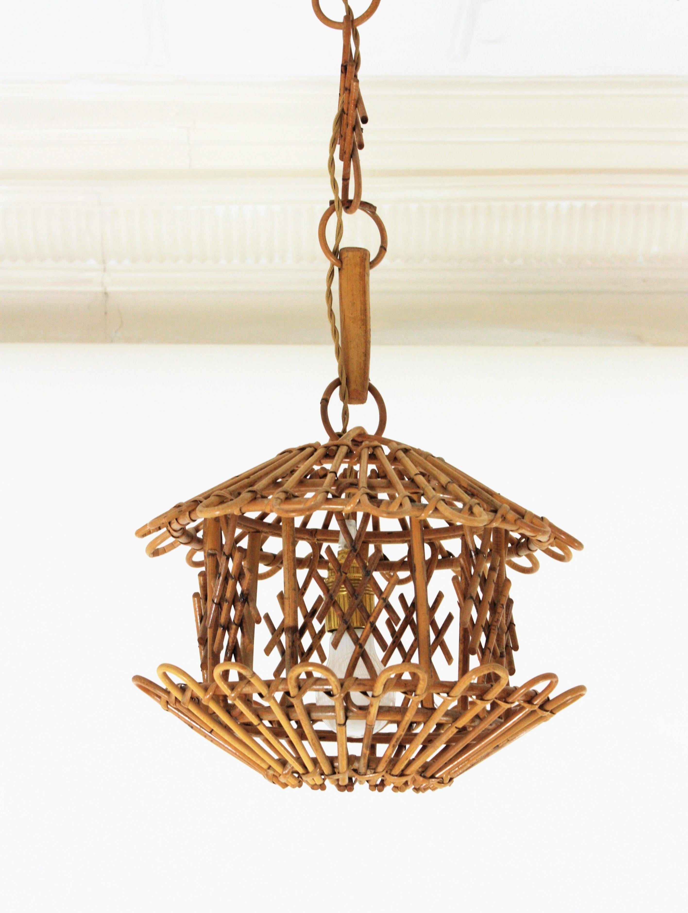 20th Century French Modernist Rattan Pendant Lantern / Hanging Light with Chinoiserie Accents