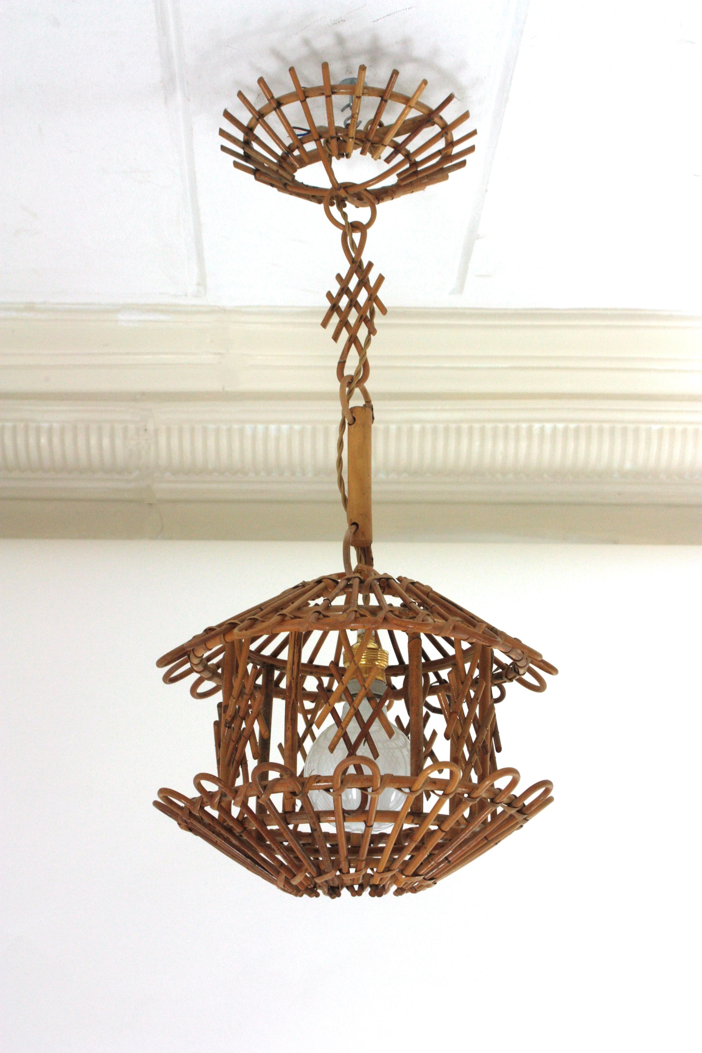 20th Century French Modernist Rattan Pendant Lantern / Hanging Light with Chinoiserie Accents For Sale