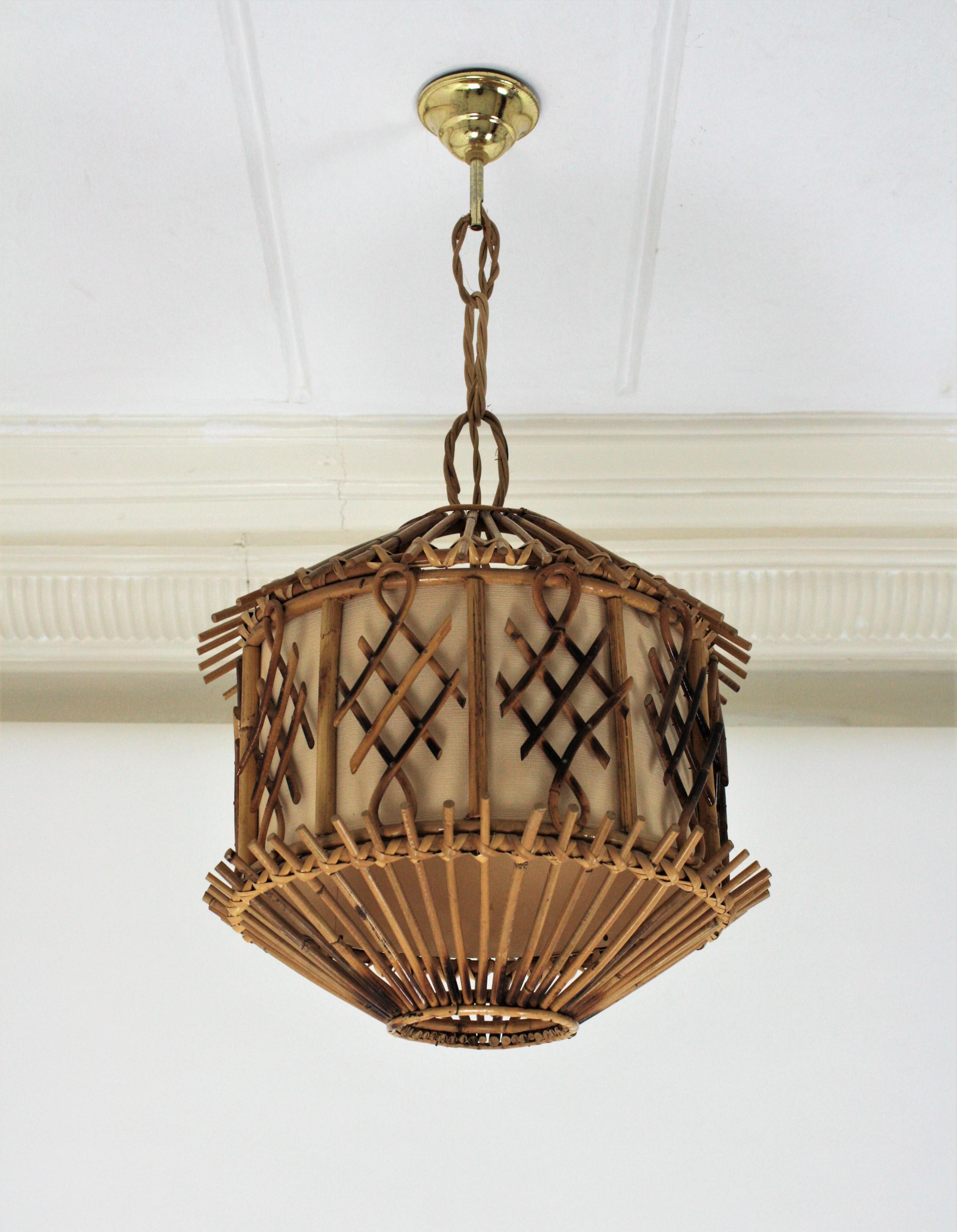 20th Century French Modernist Rattan Pendant Lantern / Hanging Light with Chinoiserie Accents