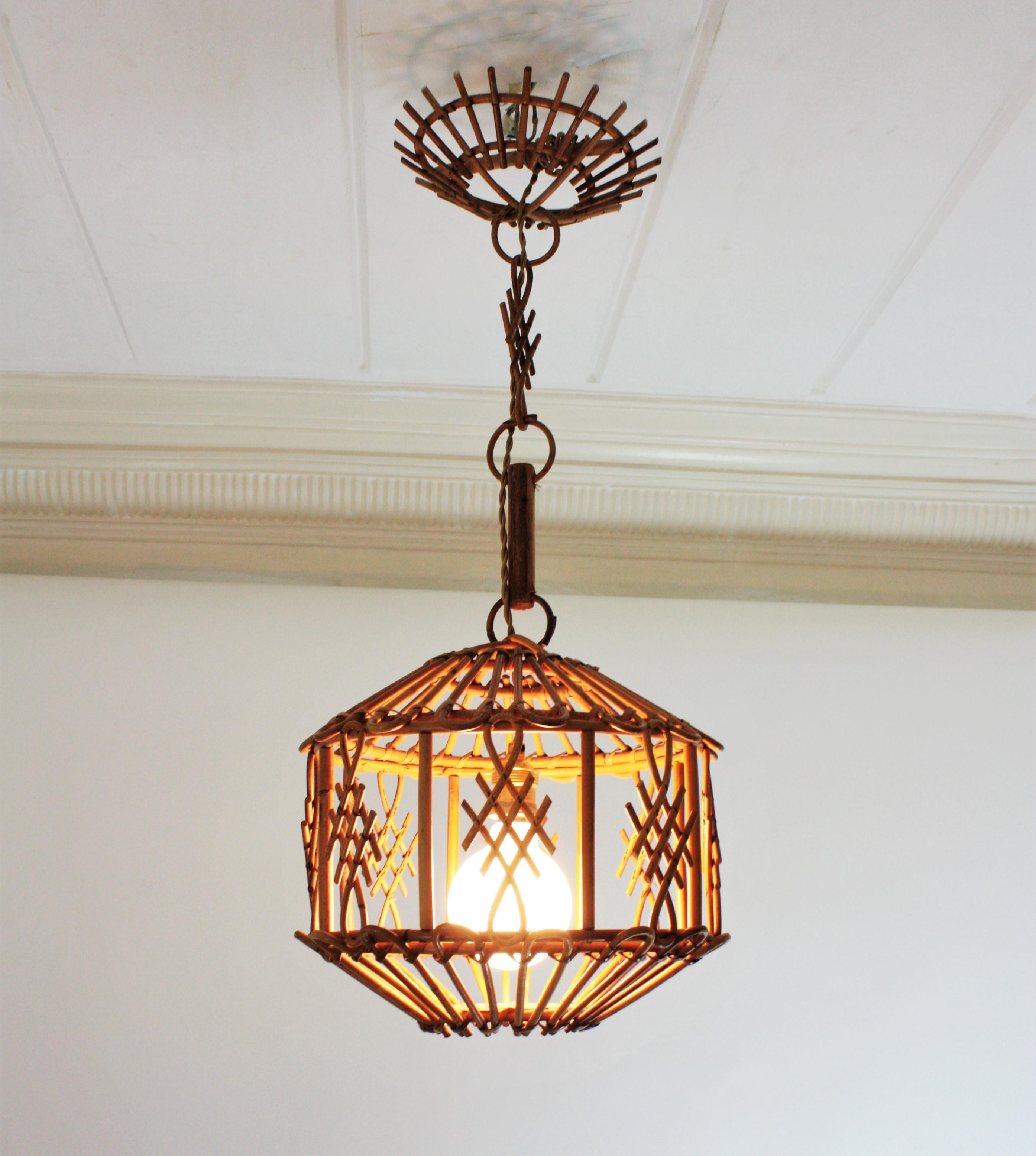 Bamboo French Modernist Rattan Pendant Lantern / Hanging Light with Chinoiserie Accents