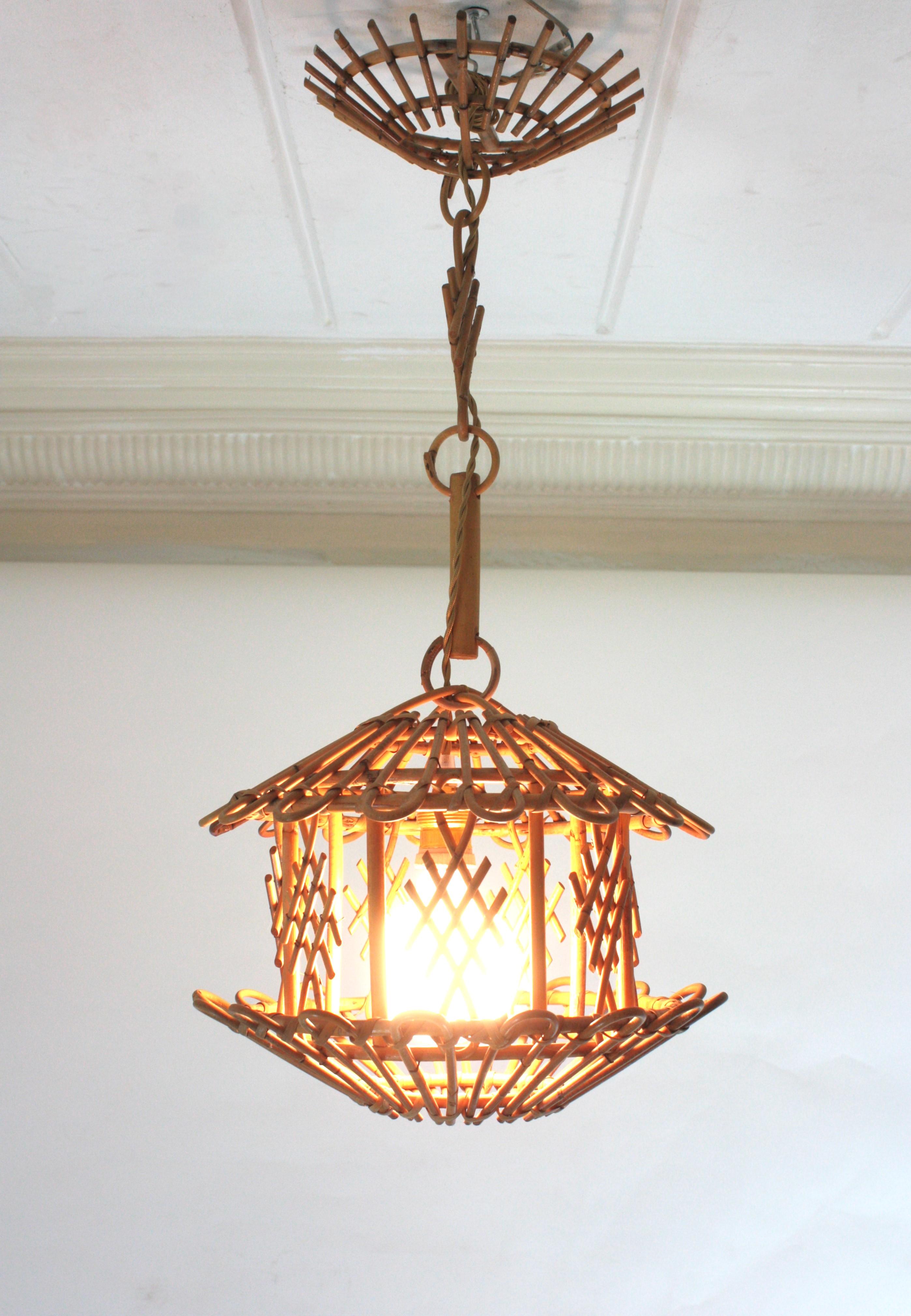Bamboo French Modernist Rattan Pendant Lantern / Hanging Light with Chinoiserie Accents For Sale