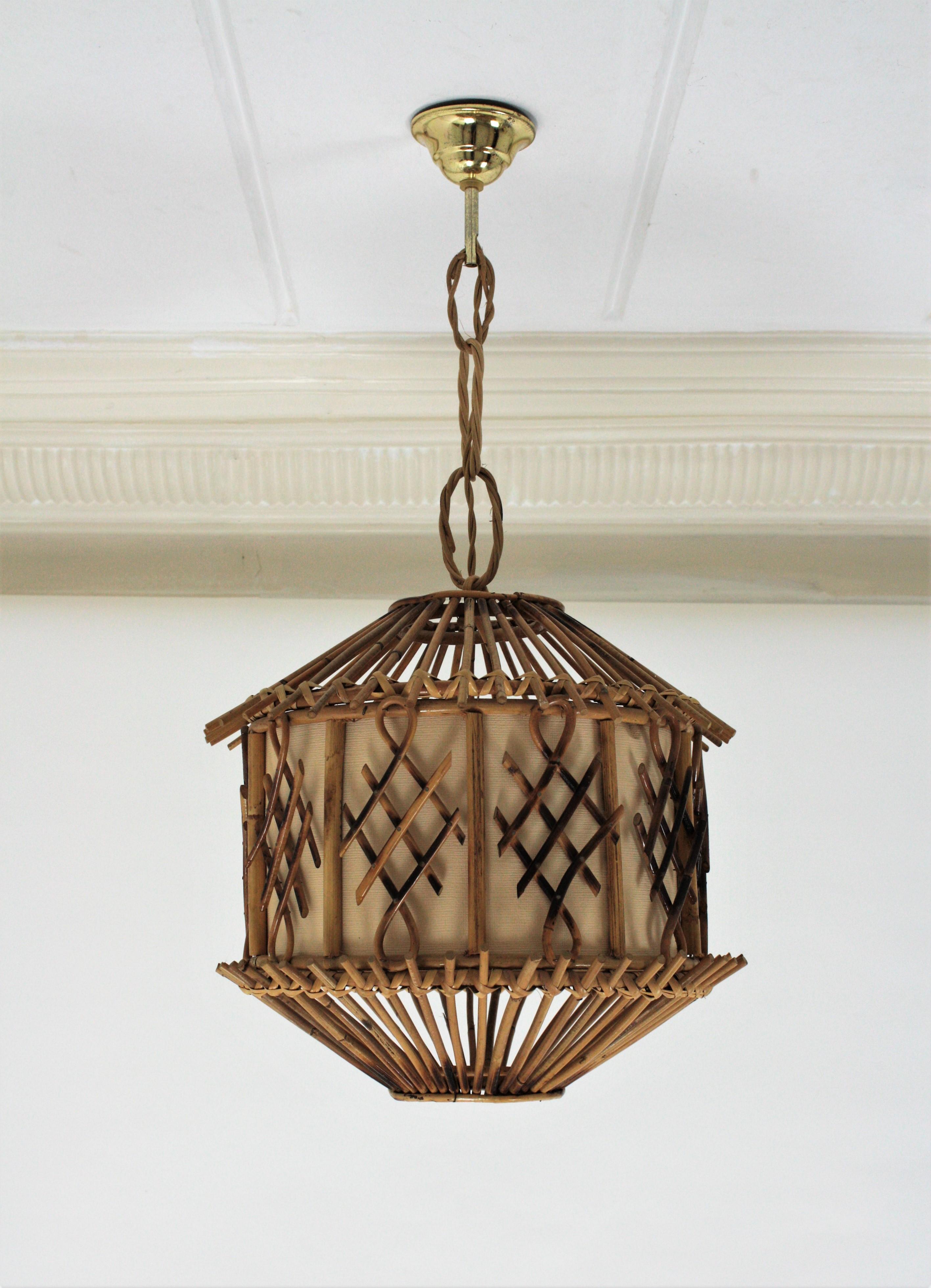 Brass French Modernist Rattan Pendant Lantern / Hanging Light with Chinoiserie Accents