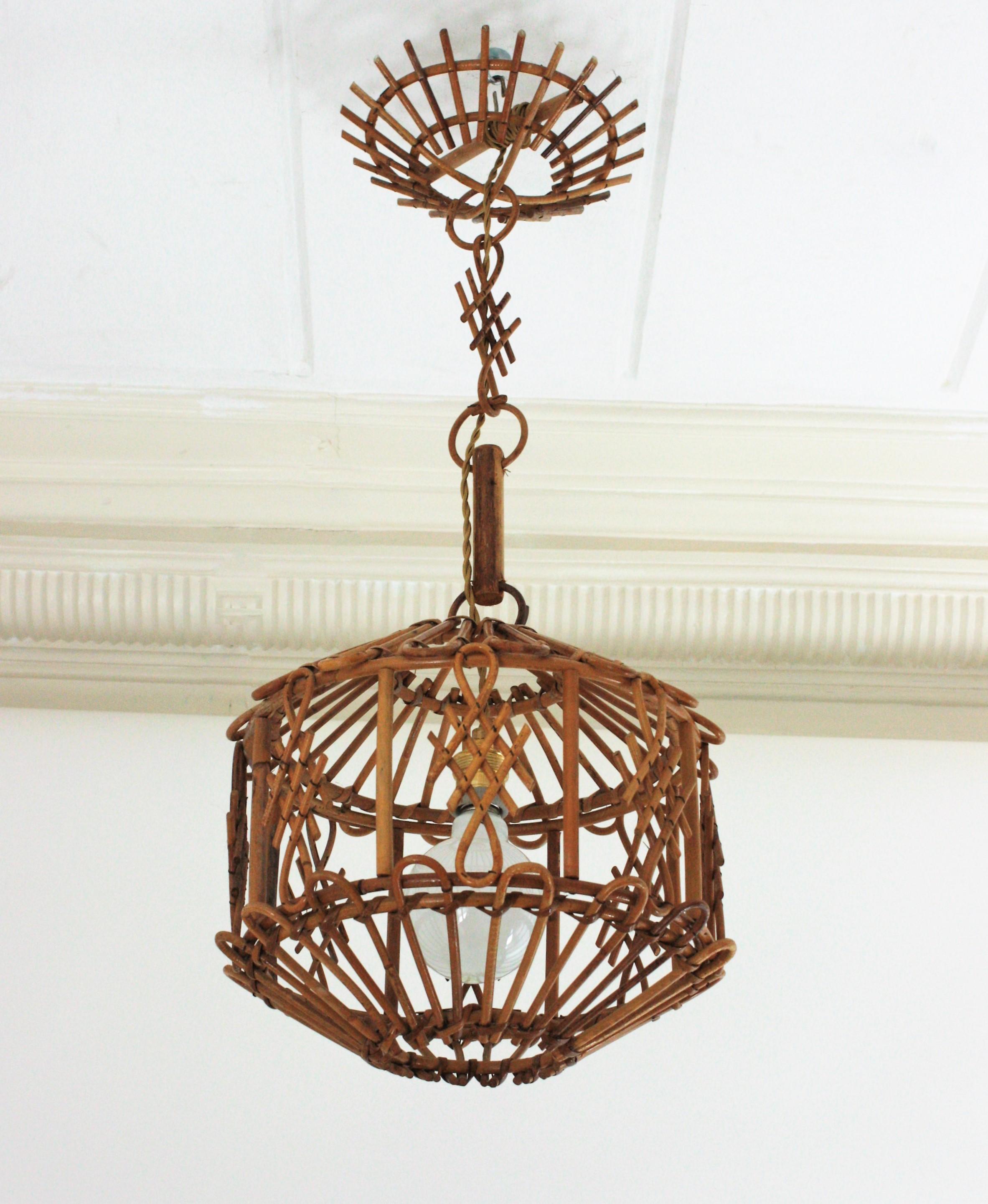 French Modernist Rattan Pendant Lantern / Hanging Light with Chinoiserie Accents 1