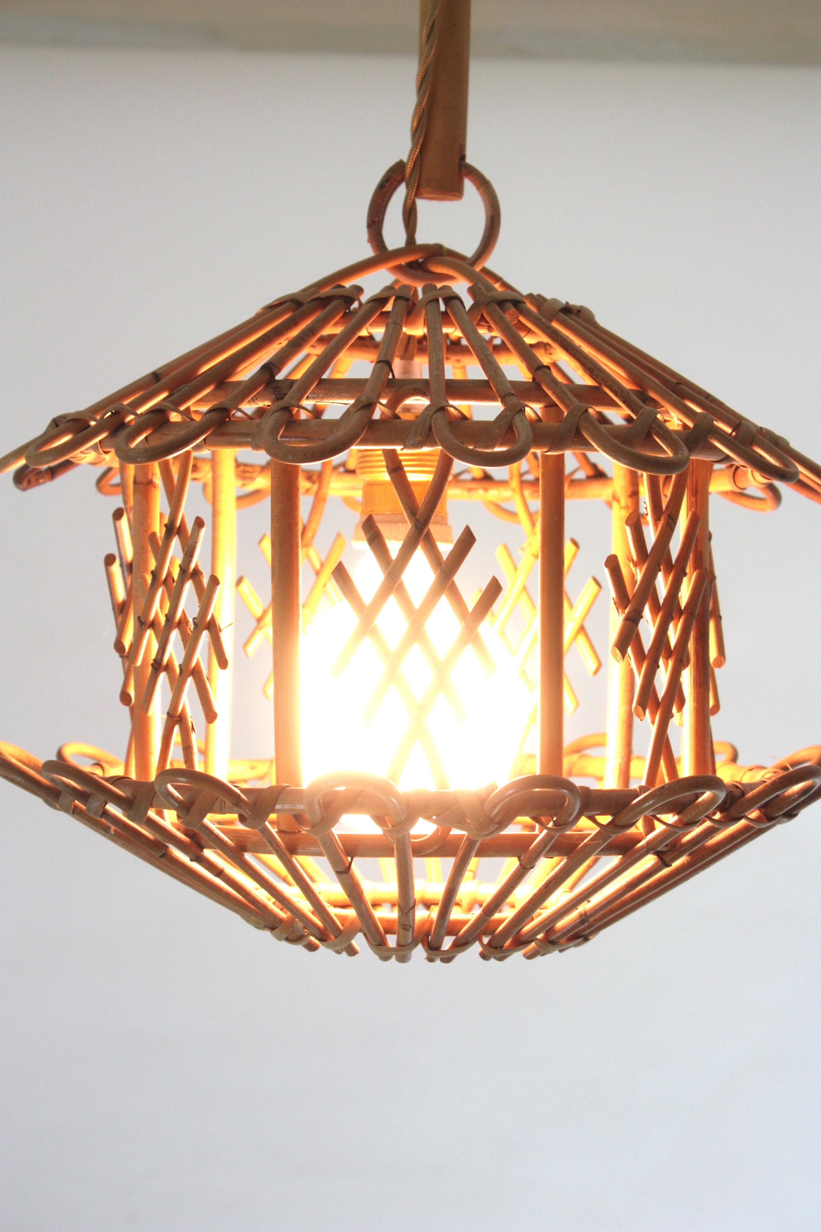 French Modernist Rattan Pendant Lantern / Hanging Light with Chinoiserie Accents For Sale 1