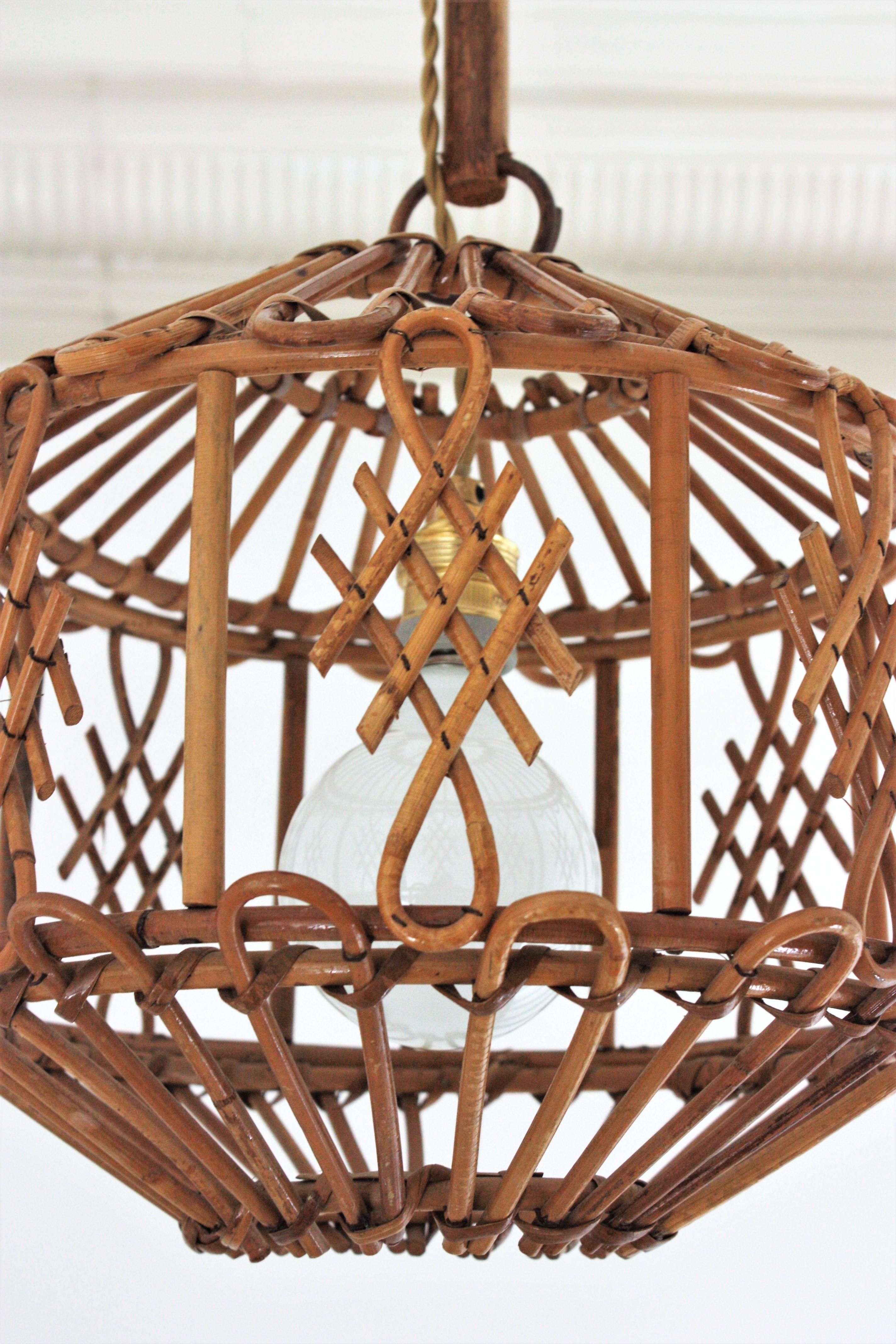 French Modernist Rattan Pendant Lantern / Hanging Light with Chinoiserie Accents 2