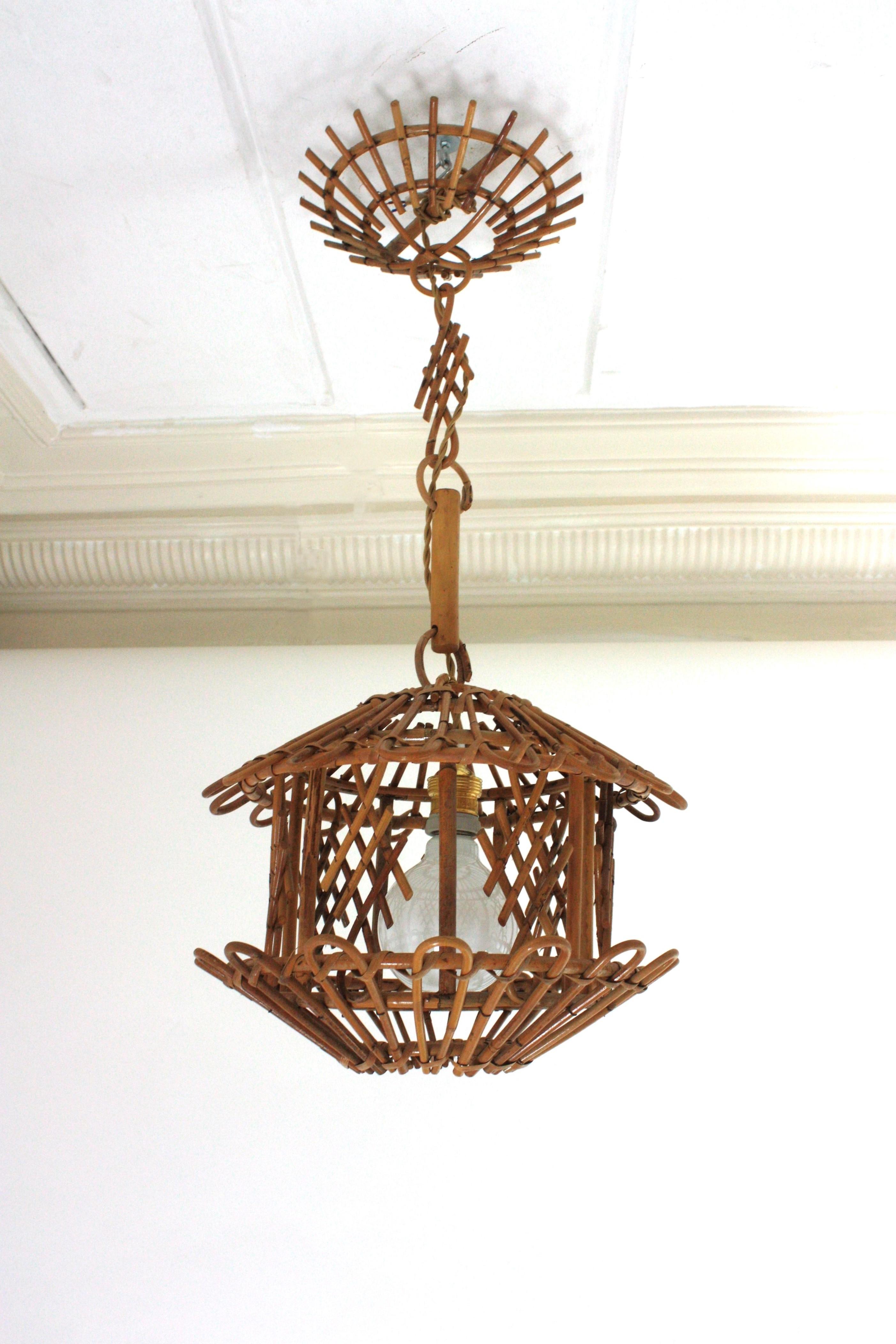 French Modernist Rattan Pendant Lantern / Hanging Light with Chinoiserie Accents For Sale 2