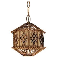 Vintage French Modernist Rattan Pendant Lantern / Hanging Light with Chinoiserie Accents