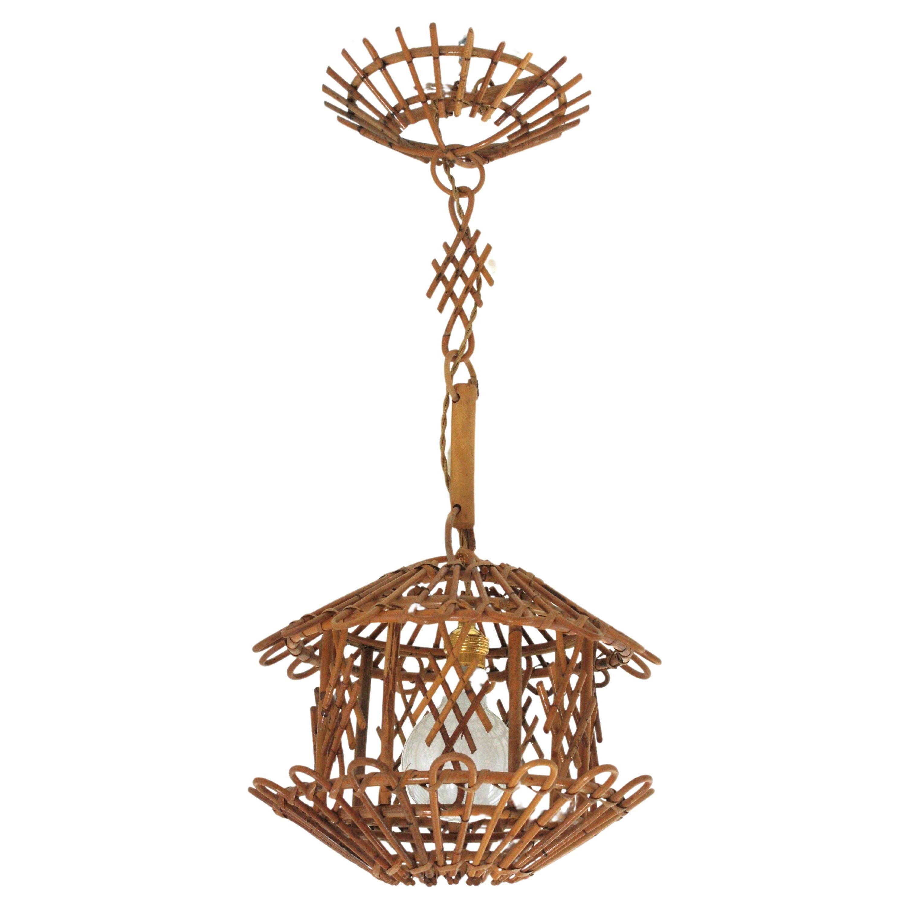 French Modernist Rattan Pendant Lantern / Hanging Light with Chinoiserie Accents For Sale