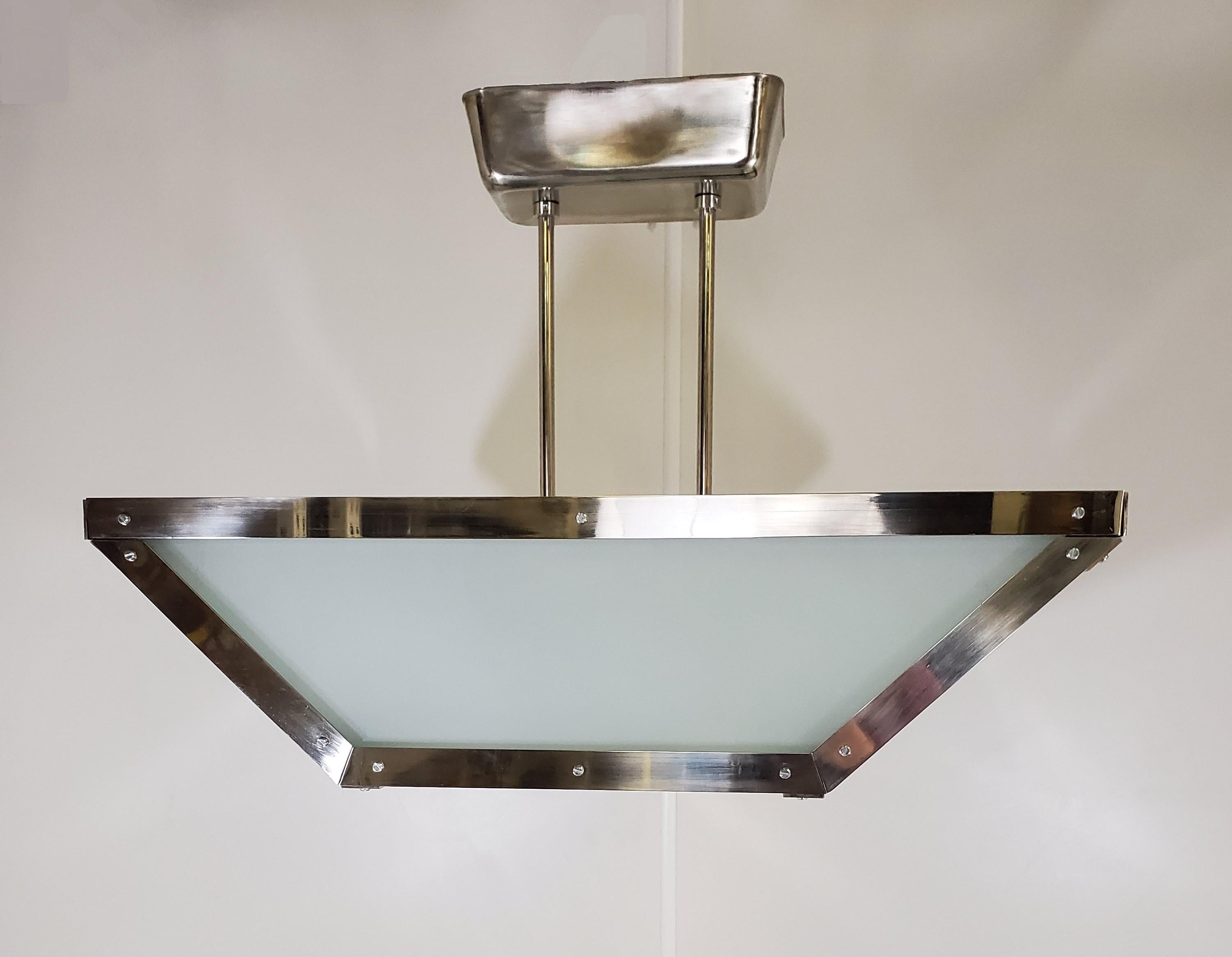 Mid-20th Century French Modernist Rectangular Glass and Nickel Chandelier For Sale