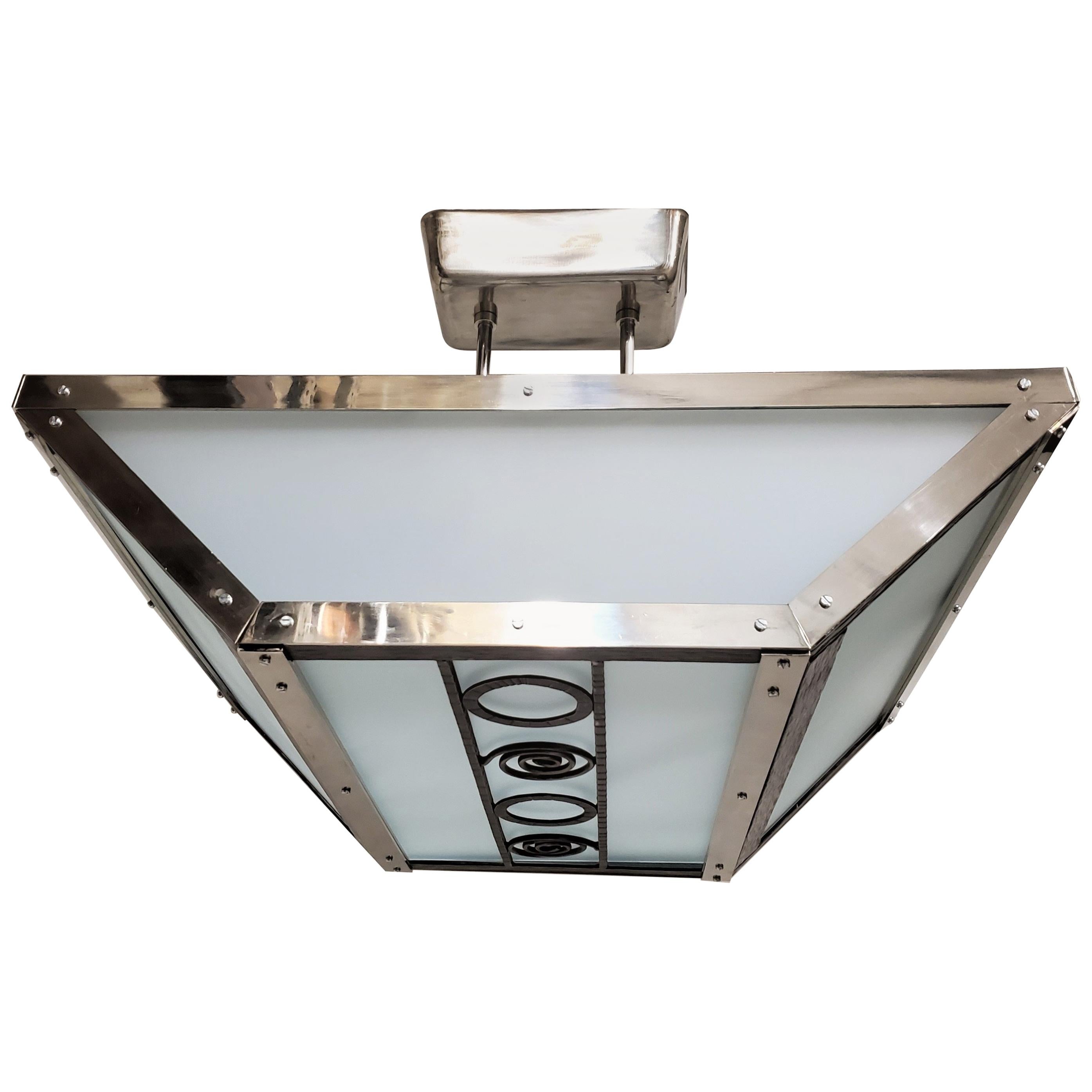 French Modernist Rectangular Glass and Nickel Chandelier