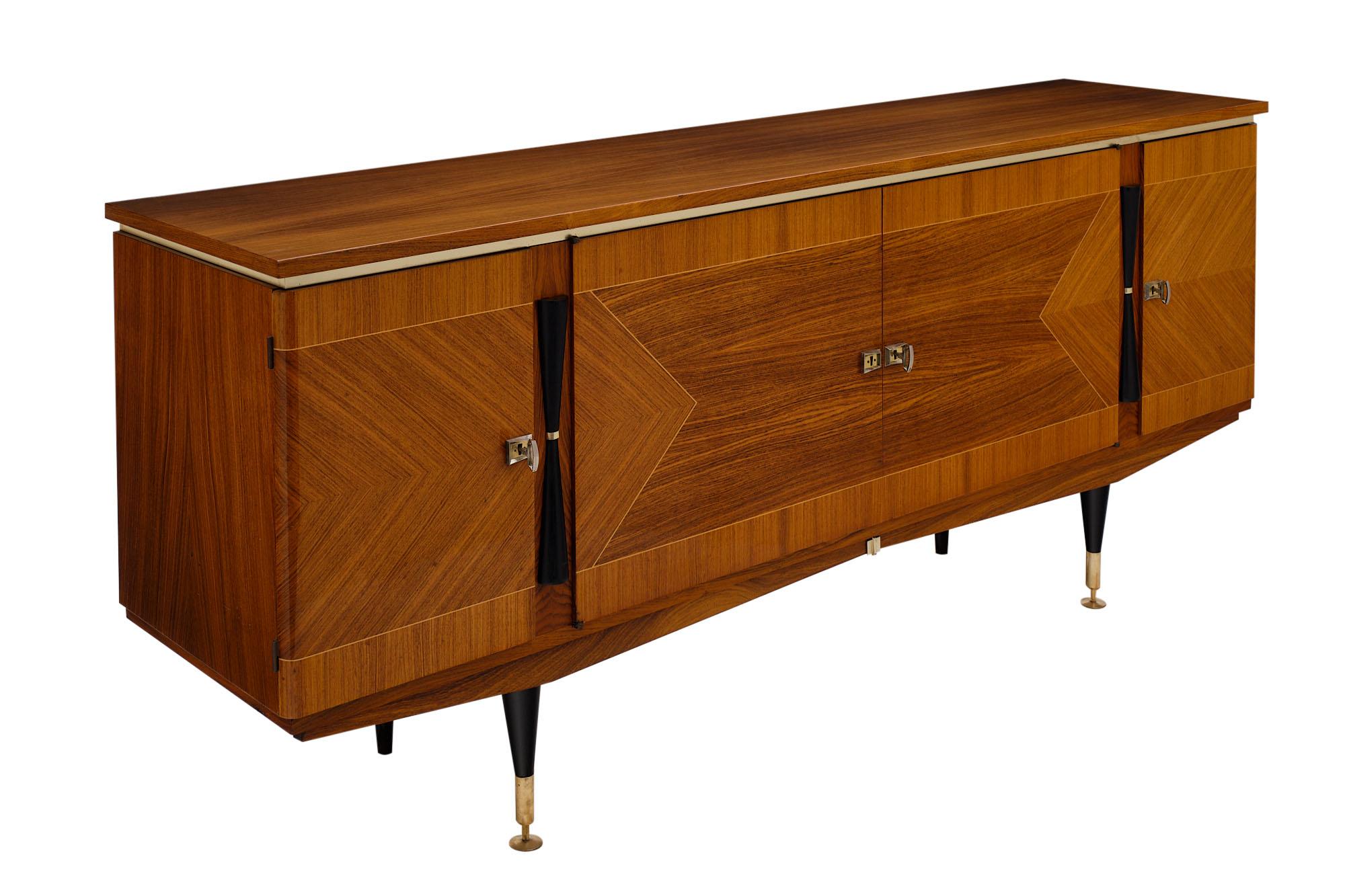 Buffet from France made of rosewood with parquetry and ebonized rosewood tapered legs with gilt brass feet. The four doors are working with locks and keys and open up to a lavish interior featuring ample storage with adjustable satinwood shelves and