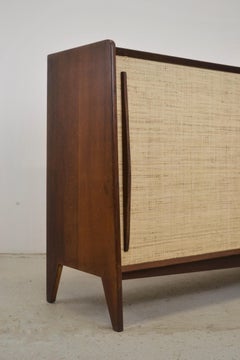 French Modernist Sideboard in Oak and Raffia, 1950s, Two Sliding Doors
