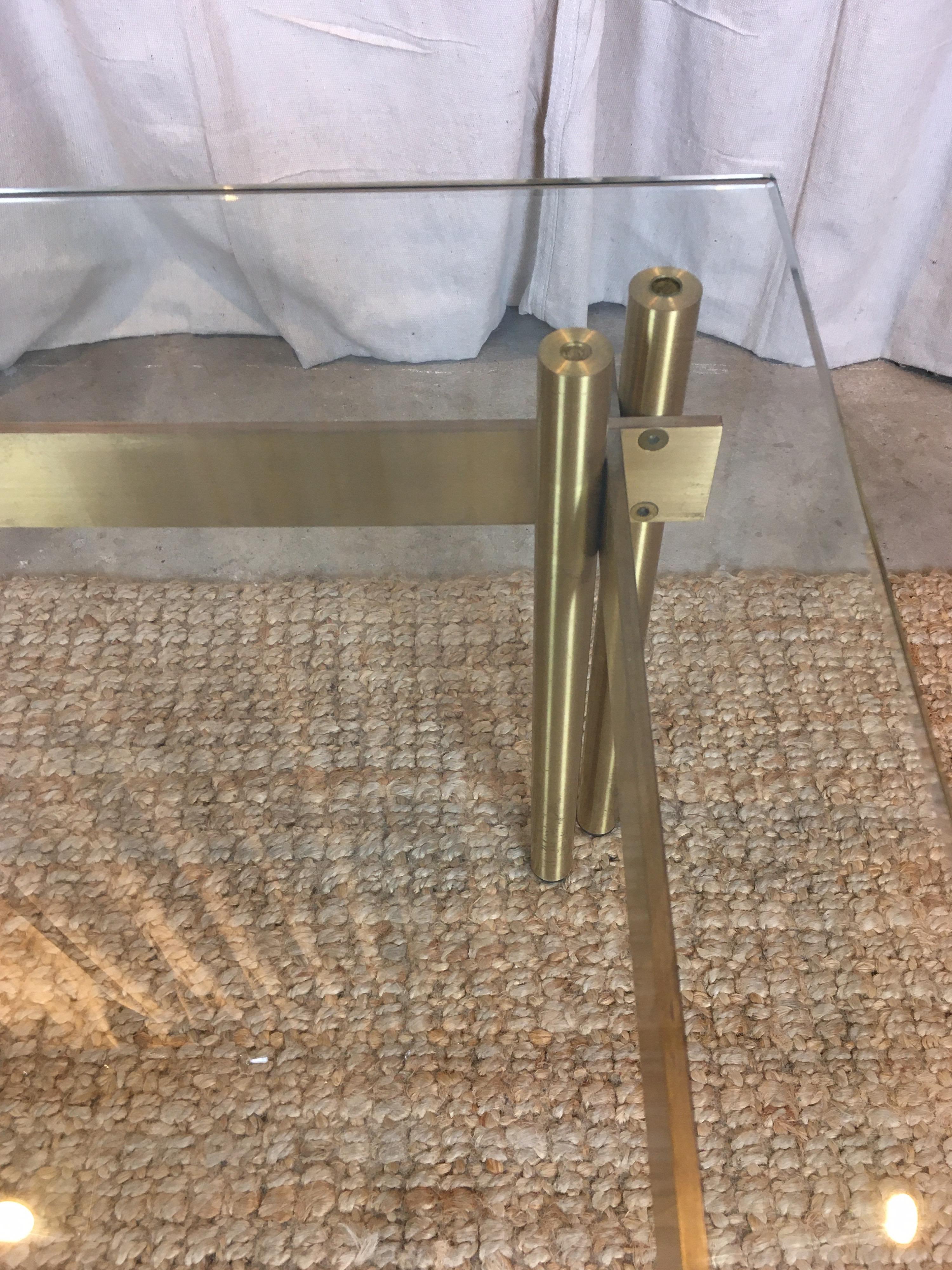 Brushed French Modernist Solid Brass and Glass Coffee Table, 1970s