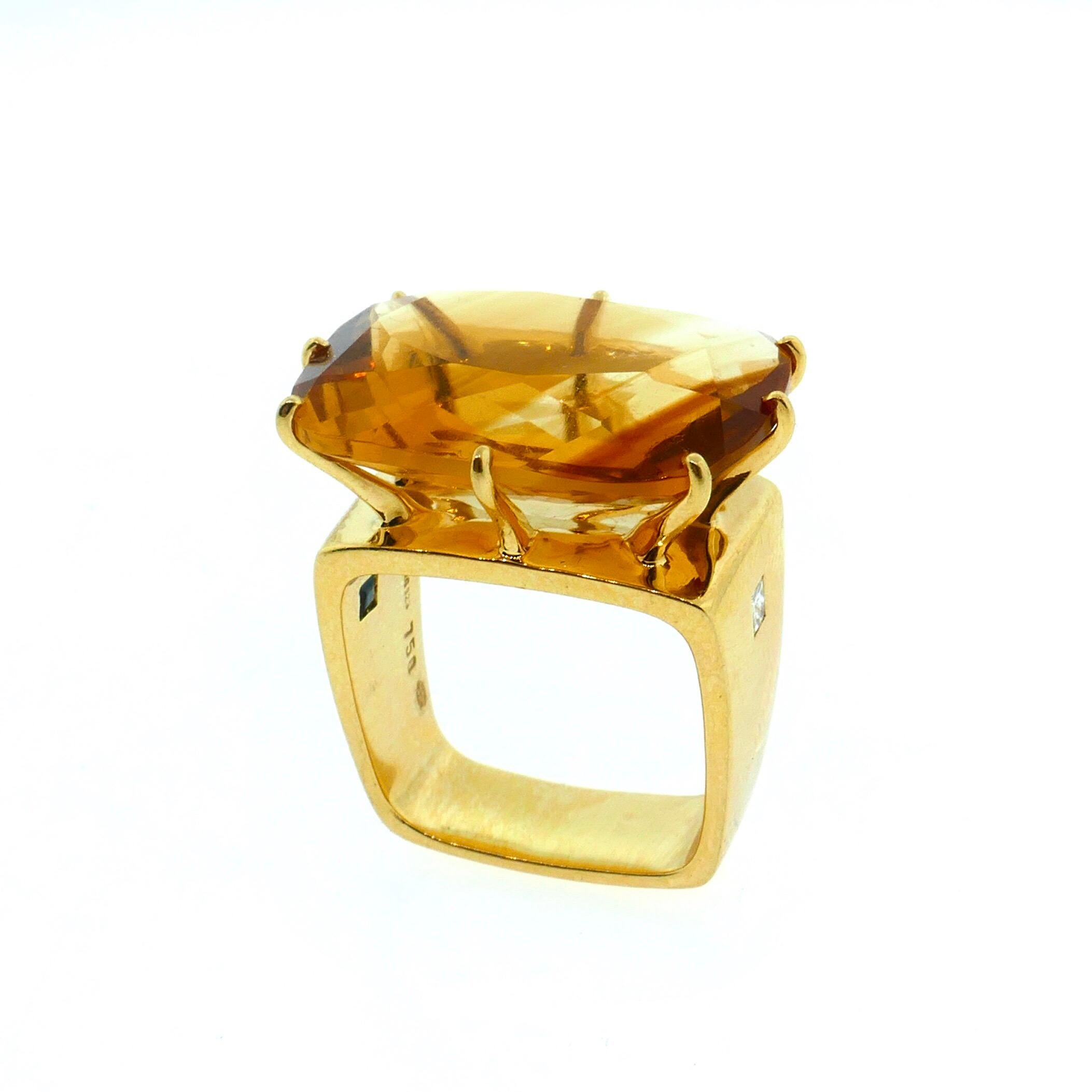 Women's French Modernist Square Shape Yellow Gold, Diamond and Citrine Ring