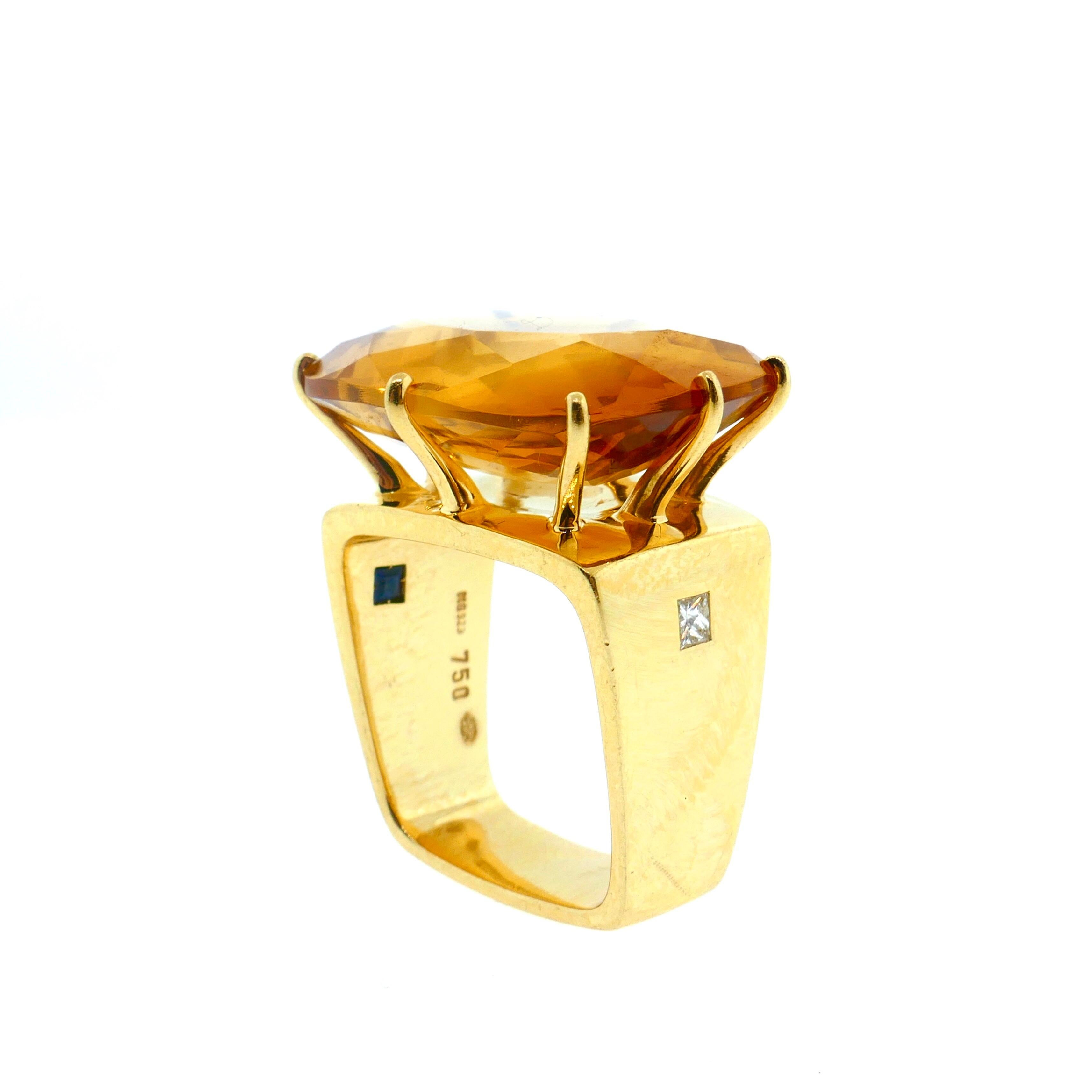French Modernist Square Shape Yellow Gold, Diamond and Citrine Ring 3
