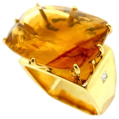 Vintage French Modernist Square Shape Yellow Gold, Diamond and Citrine Ring