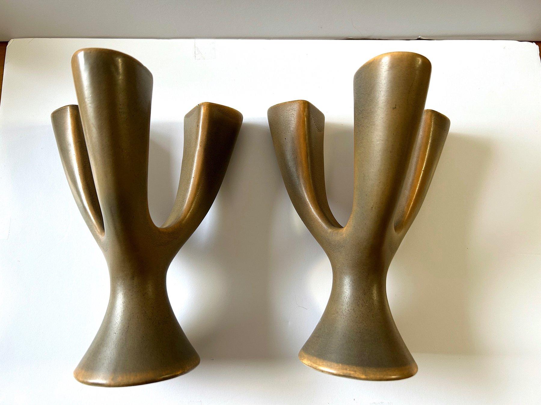French Modernist St. Clement Ceramic Sapho Creation Candelabra's.  A pair of French Modernist Ceramic Candelabras Sapho Creation St. Clement France.  Organic form having three arms each with bronzed  glaze.  Nicely refined bold form in very good