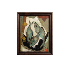 Dipinto a olio modernista francese, natura morta astratta con pesci, di Robert Bluteau, 1955