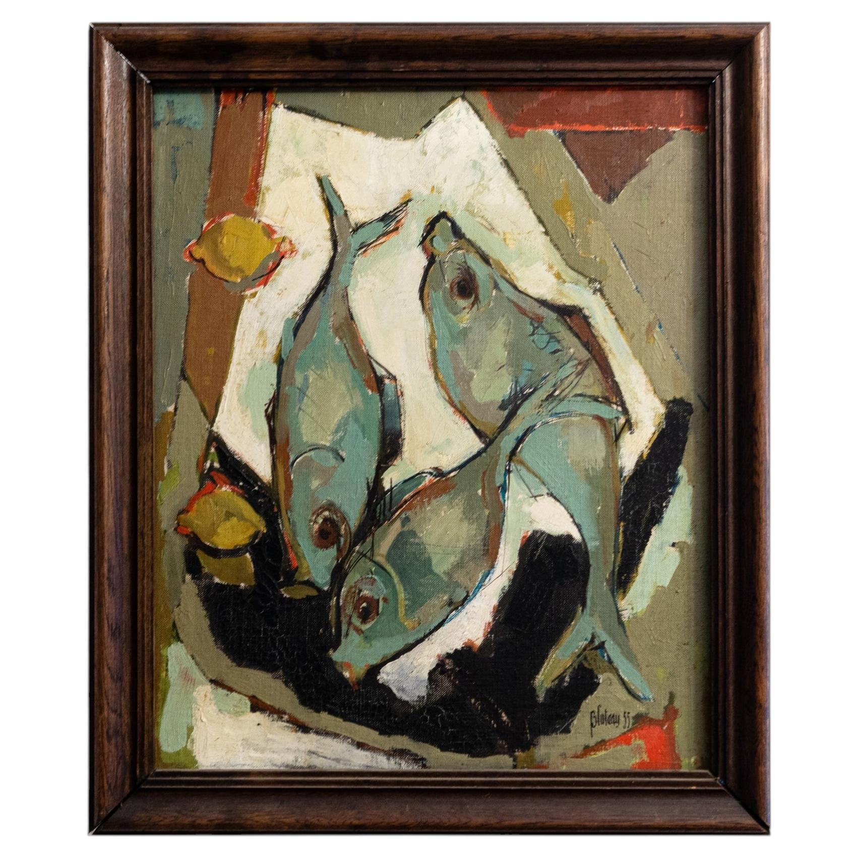 Nature morte moderniste française, peinture à l'huile abstraite représentant des poissons, par Robert Bluteau, 1955