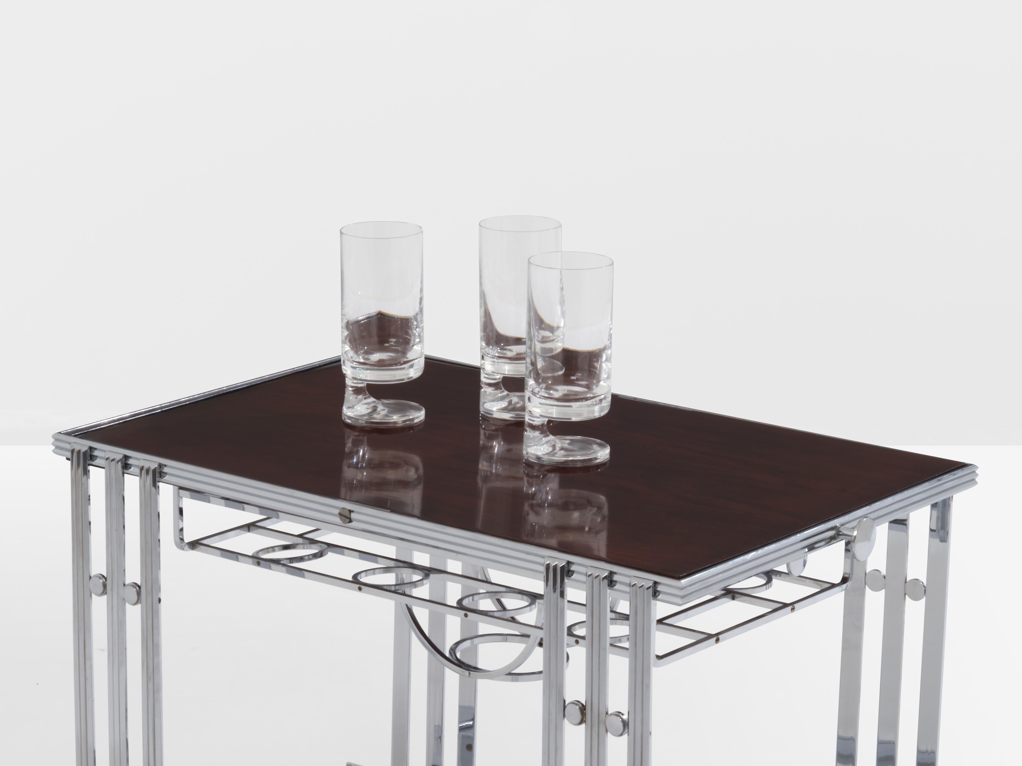 French modernist walnut boat bar table nickel-plated 1930s For Sale 6