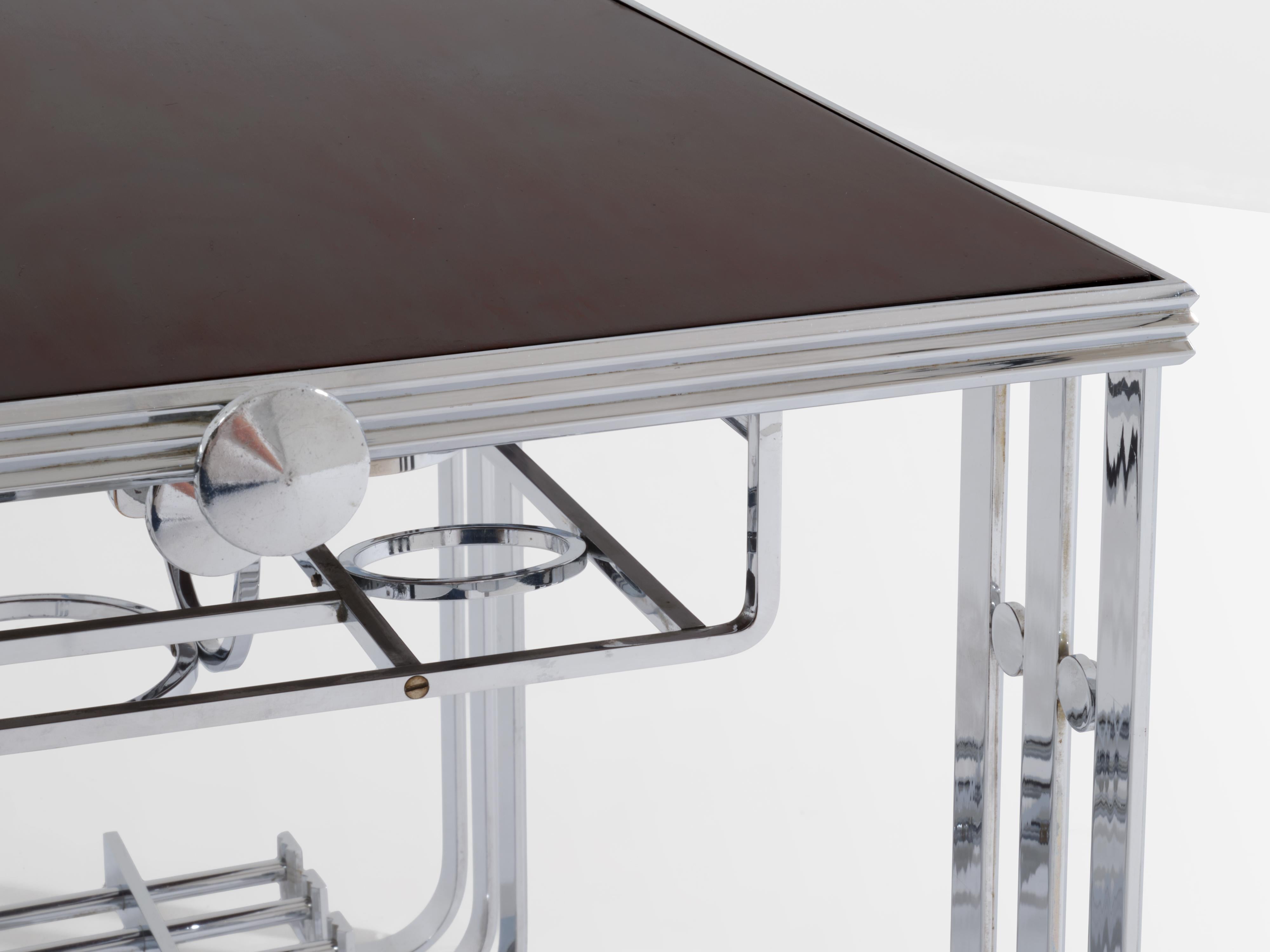 French modernist walnut boat bar table nickel-plated 1930s For Sale 7