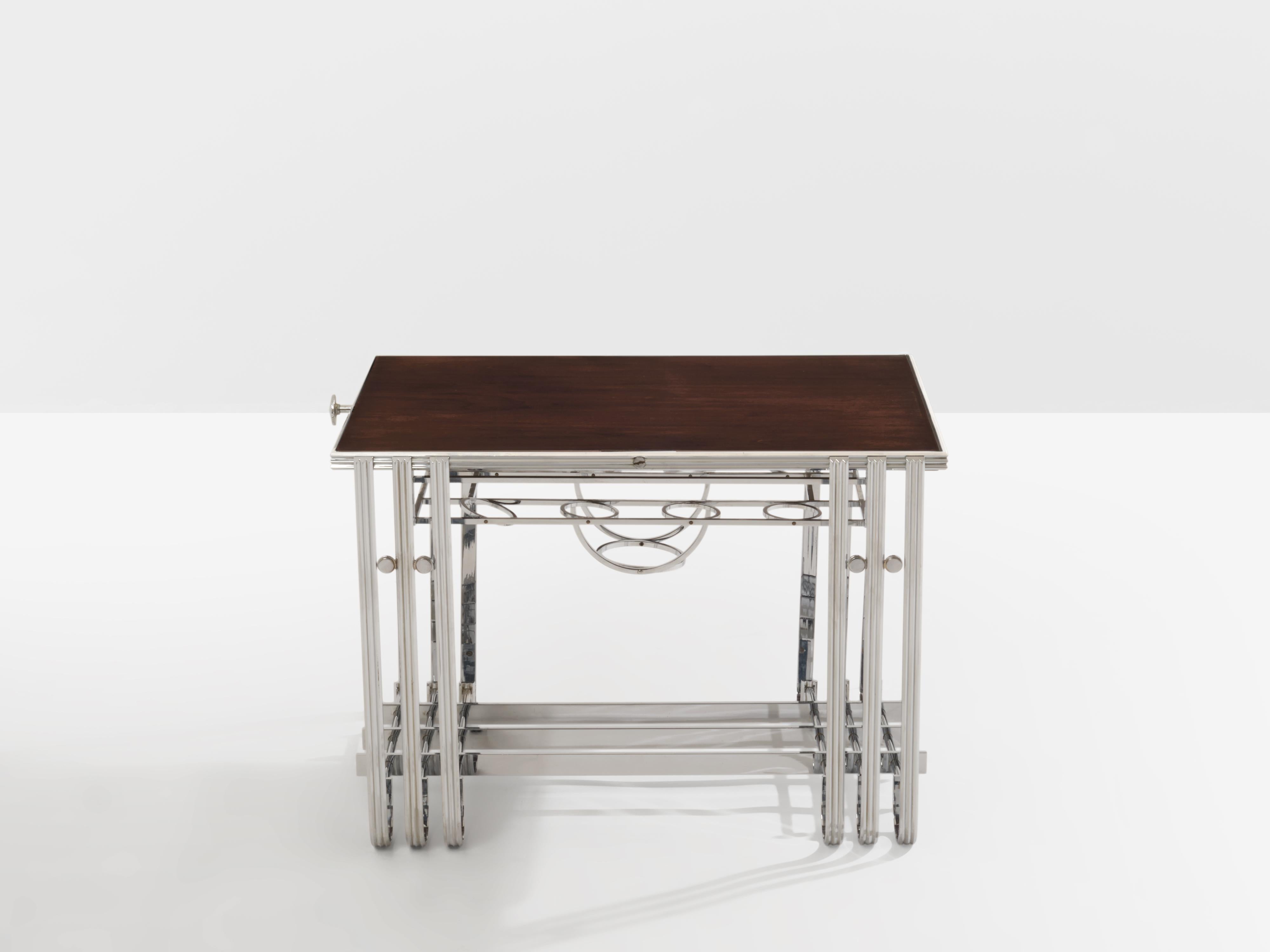 Art Deco French modernist walnut boat bar table nickel-plated 1930s For Sale