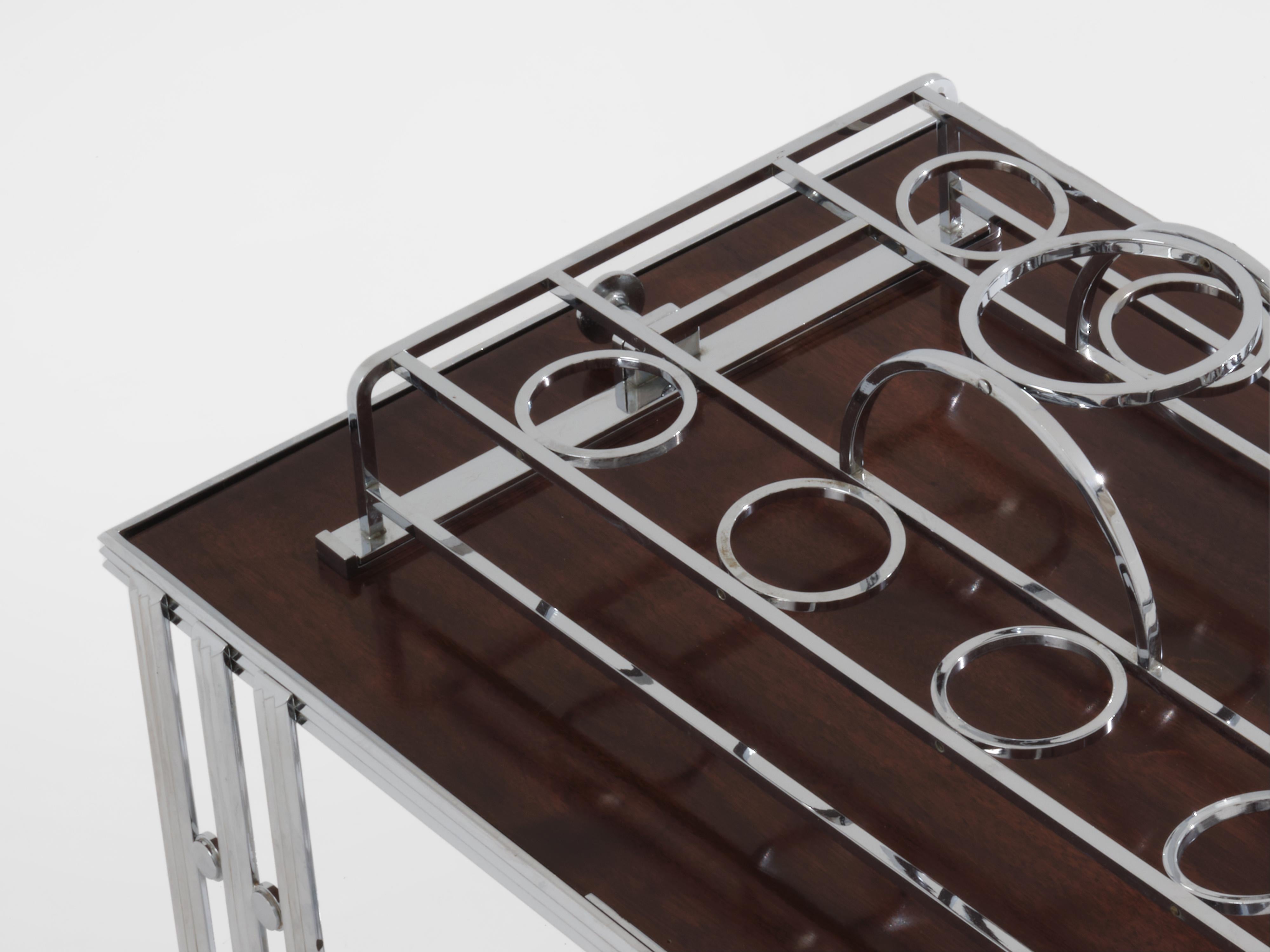 French modernist walnut boat bar table nickel-plated 1930s In Good Condition For Sale In Paris, IDF